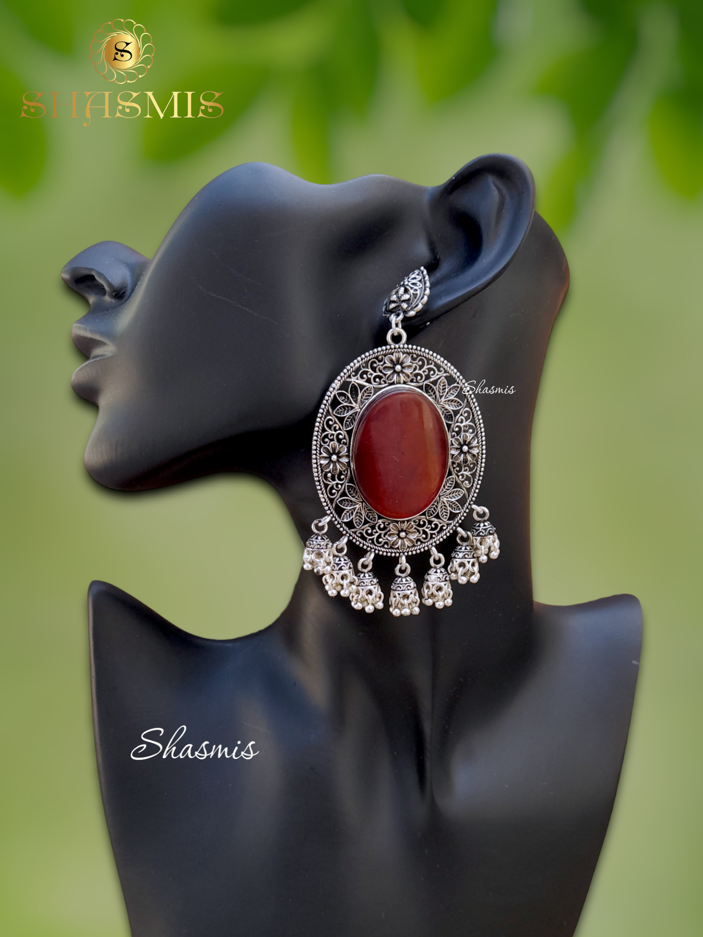 Maroon Stone Oval Design Silver Oxidised Earrings