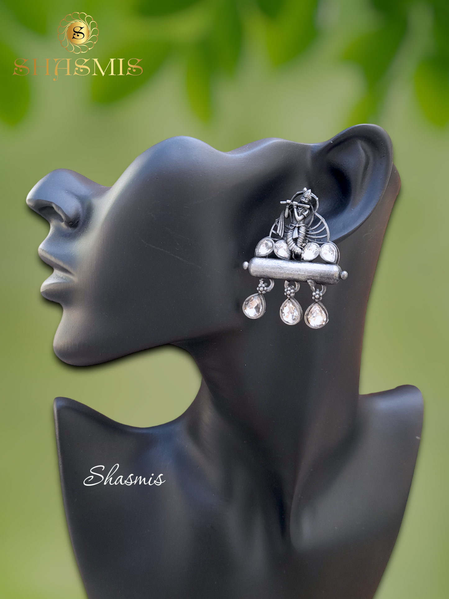 Krishna Idol Design Silver Oxidised Earrings