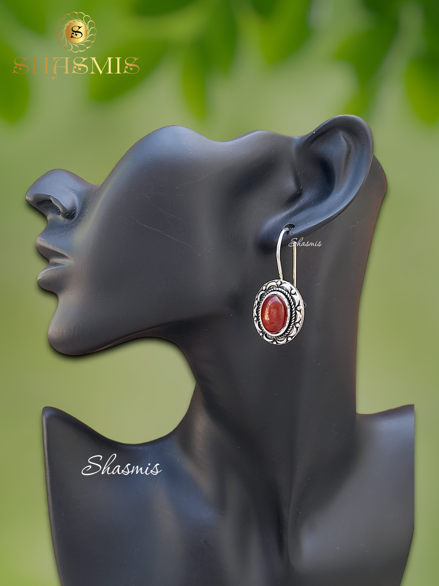Maroon Stone Silver Earrings