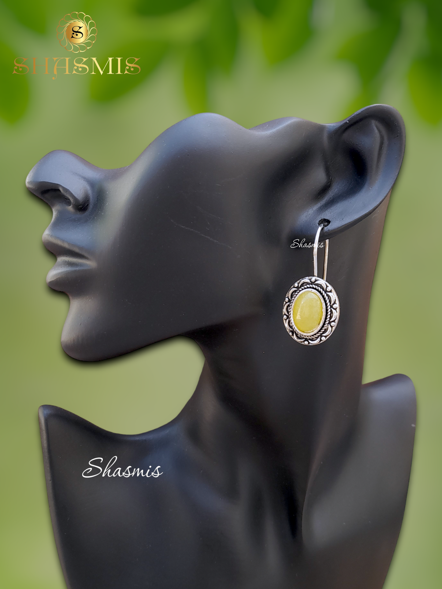 Yellow Color Stone Silver Oxidised Earrings