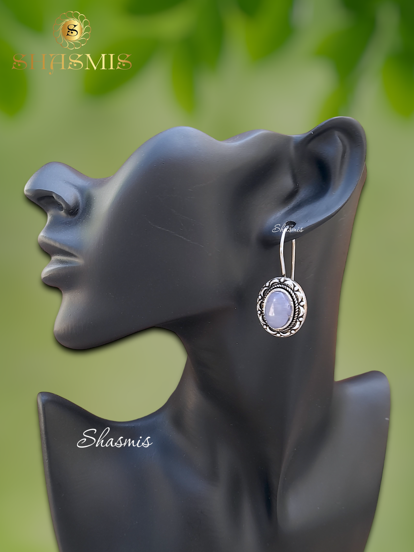 Oval Design Violet Color Stone Silver Earrings