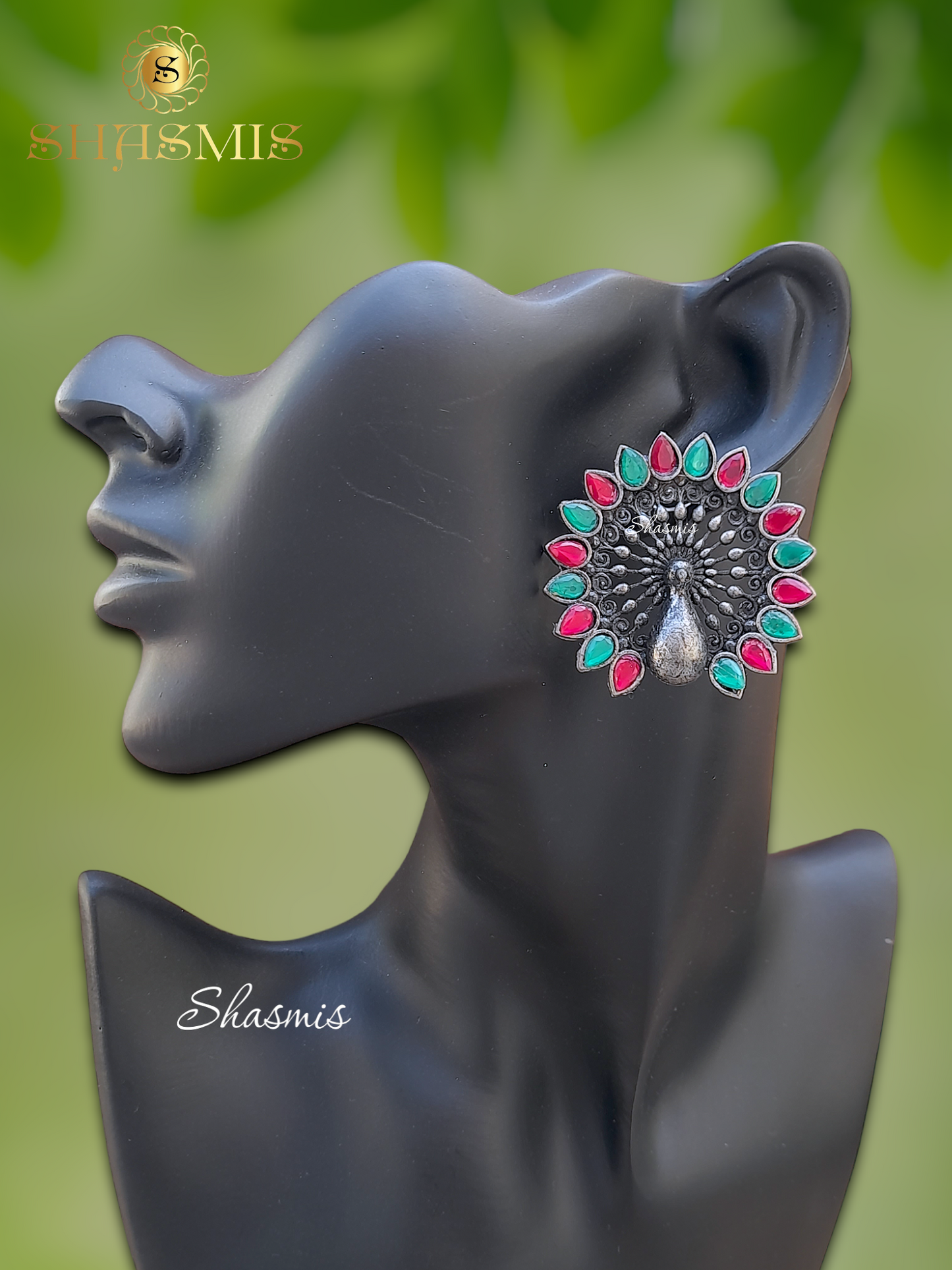 Green And Magenta Color Stone Peacock Design Silver Earrings