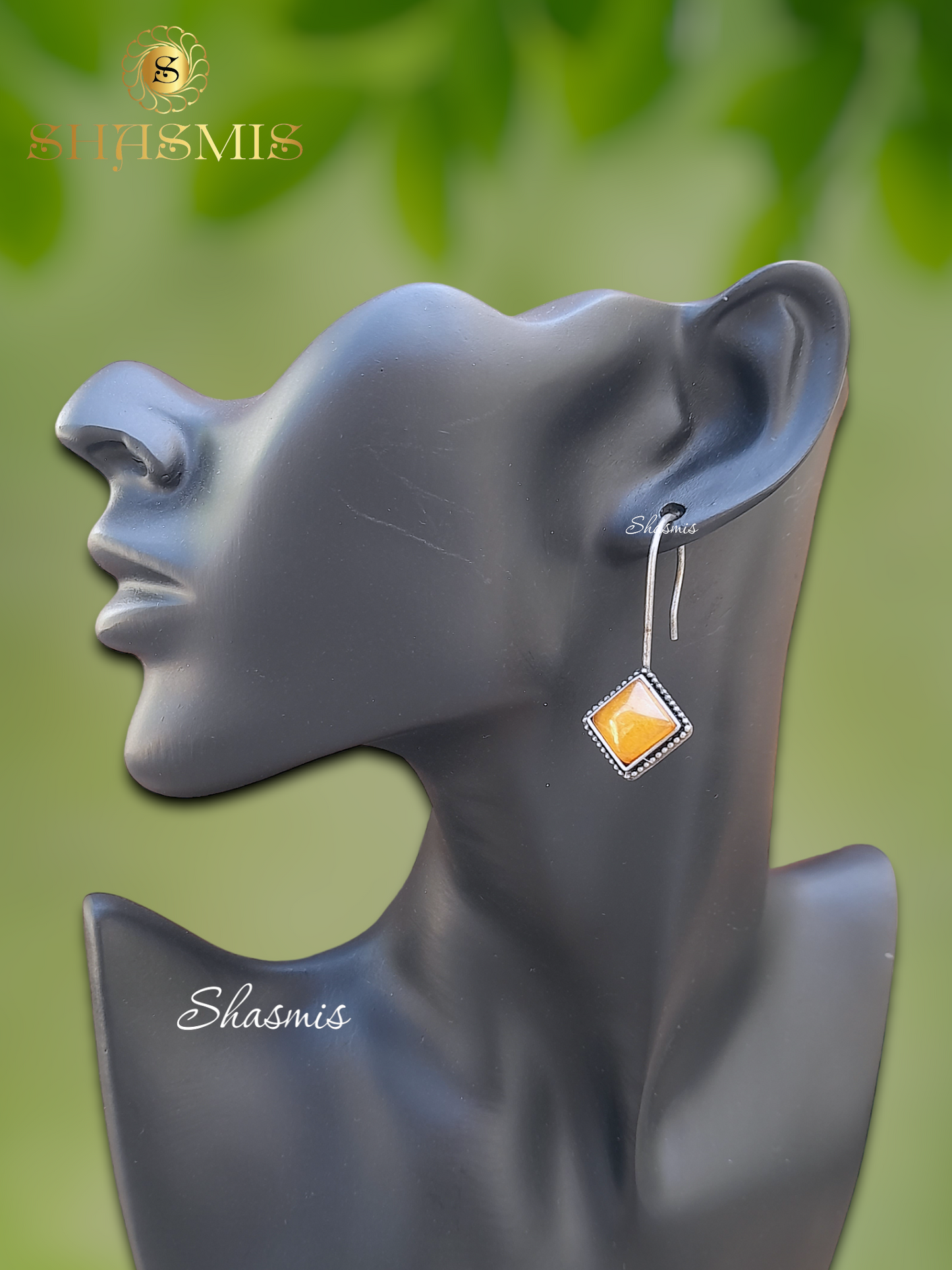 Mustard Color Square Design Silver Earrings