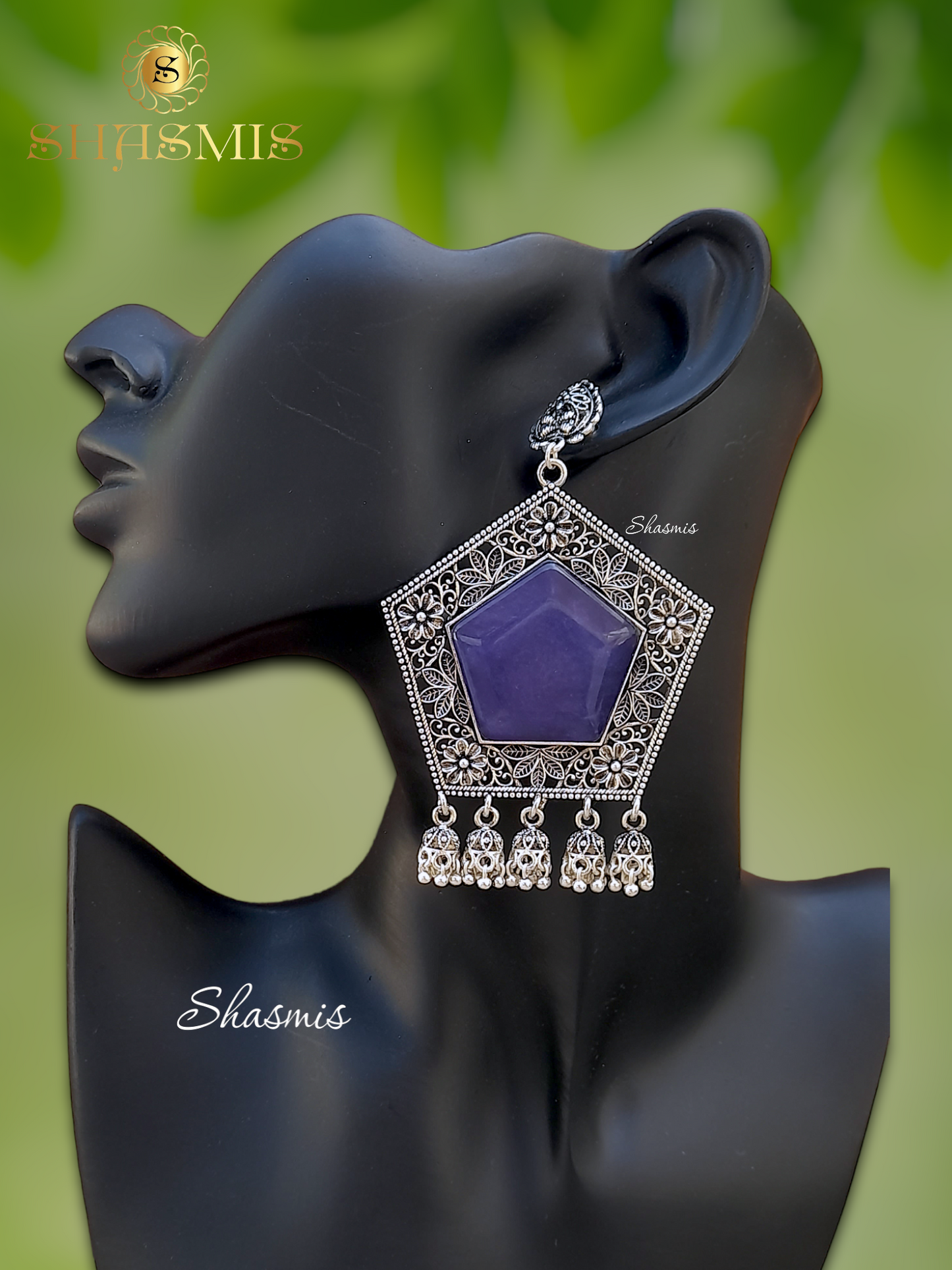 Violet Color Stone Silver Oxidised Earrings