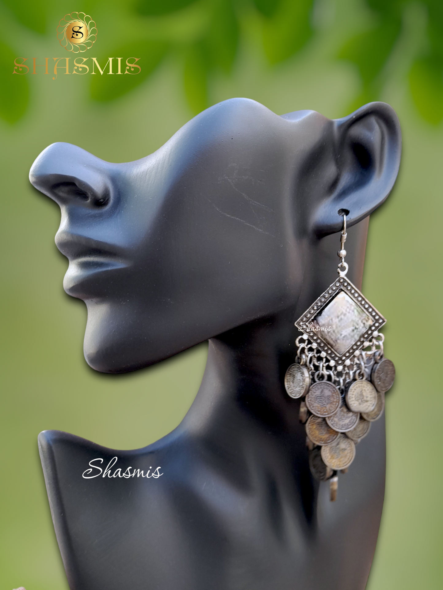 Long Mirror Silver Oxidised Coins On Drop Design Earrings