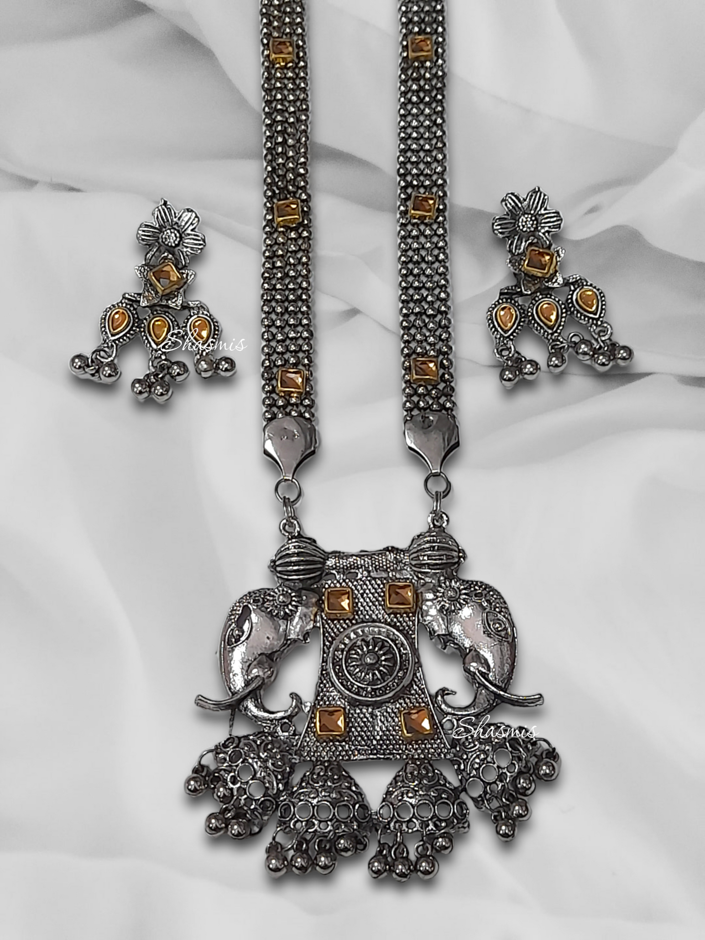 Elephant Design German Silver Long Necklace With Earrings