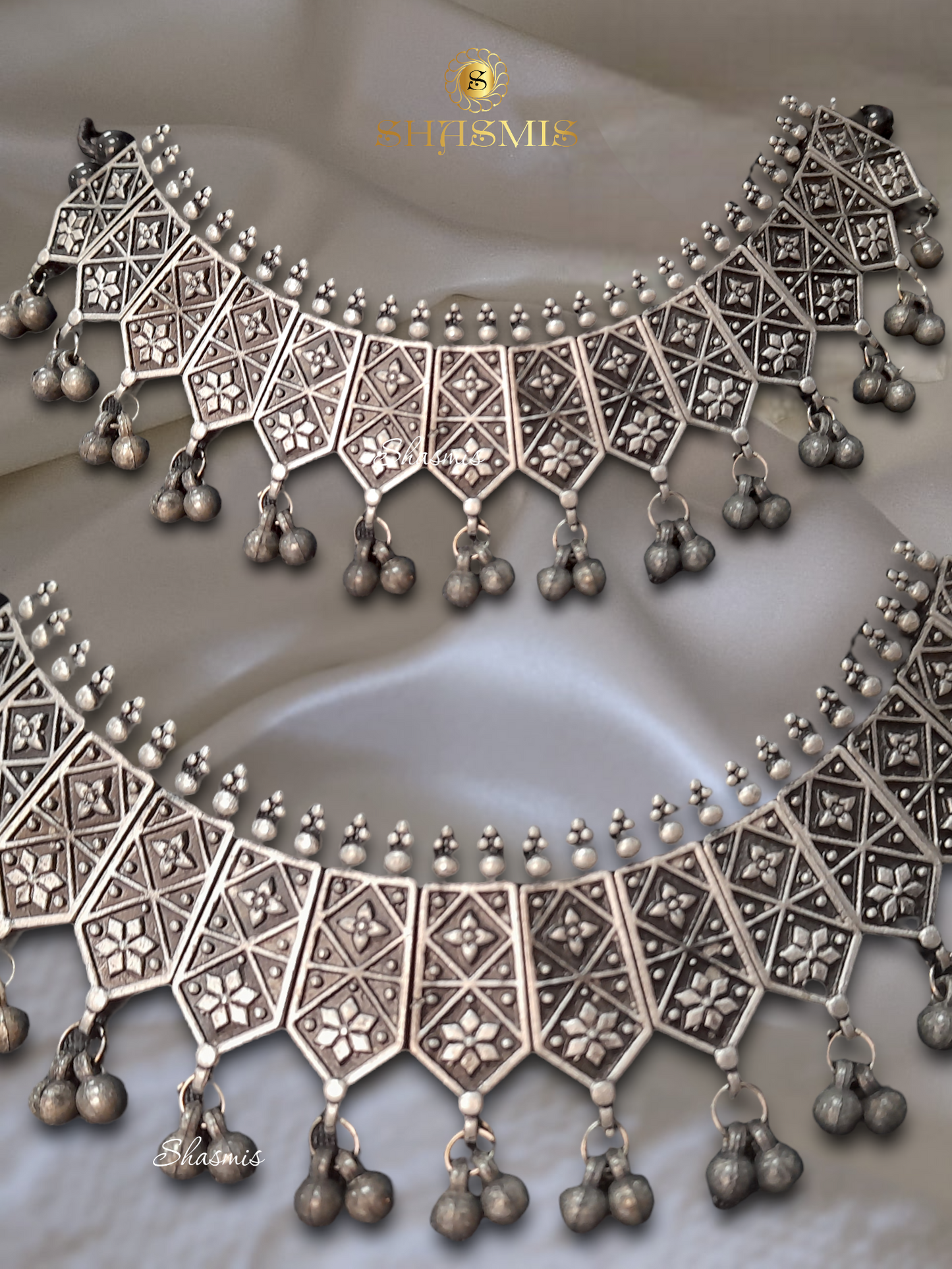 Silver Oxidised Ghungroo On Drop Necklace with Earrings