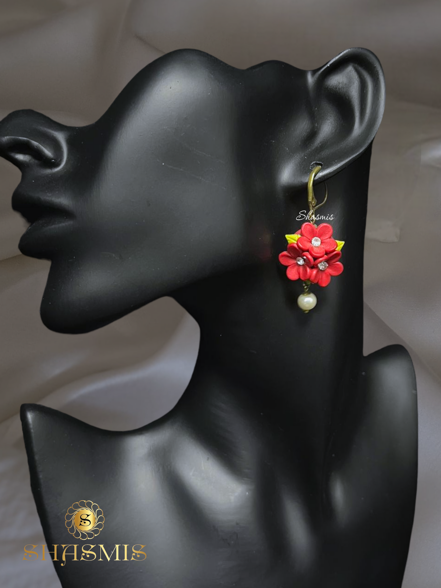 Red Color Flower Design Polymer Clay Handmade Earrings