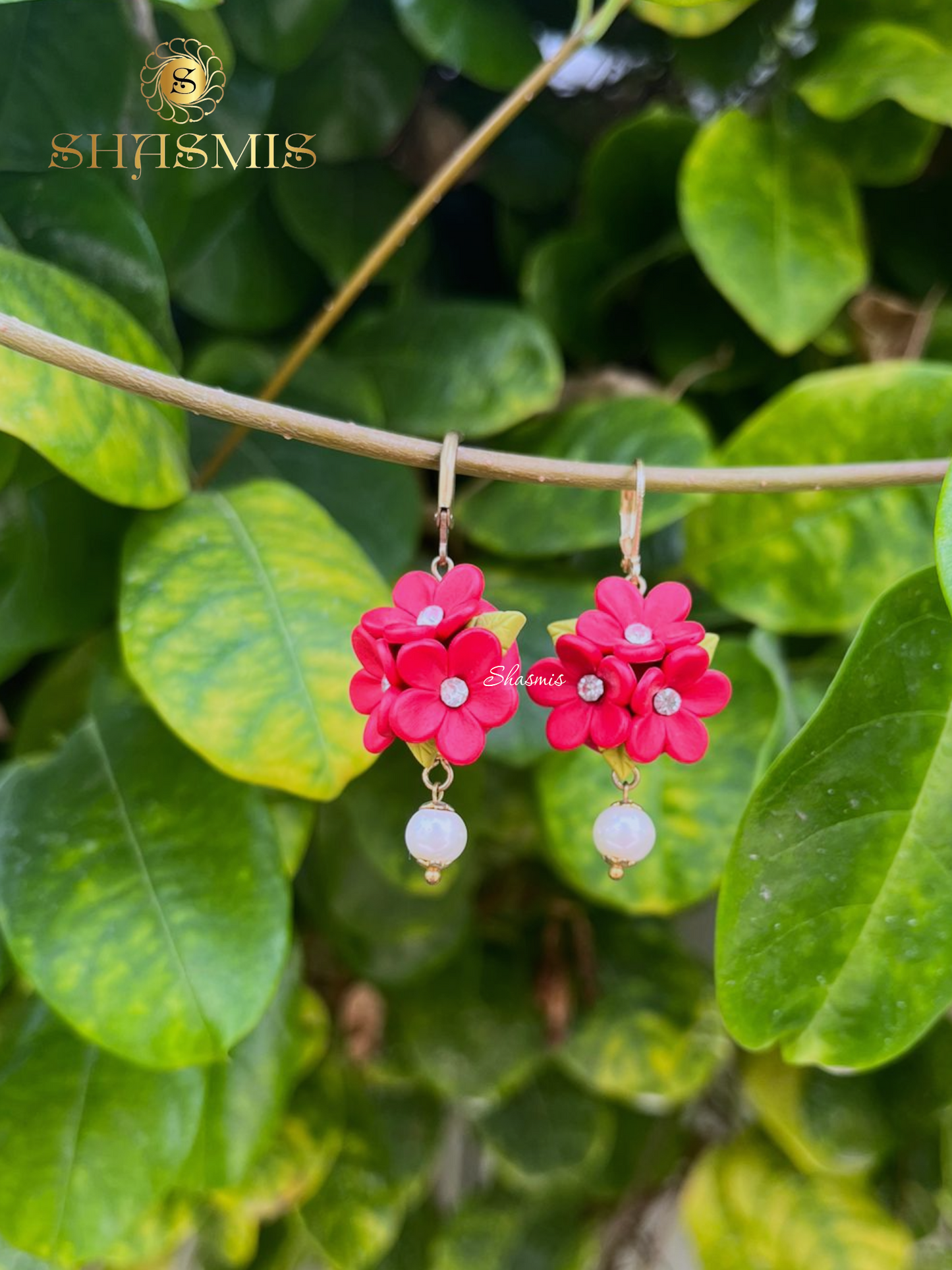 Red Color Flower Design Polymer Clay Handmade Earrings
