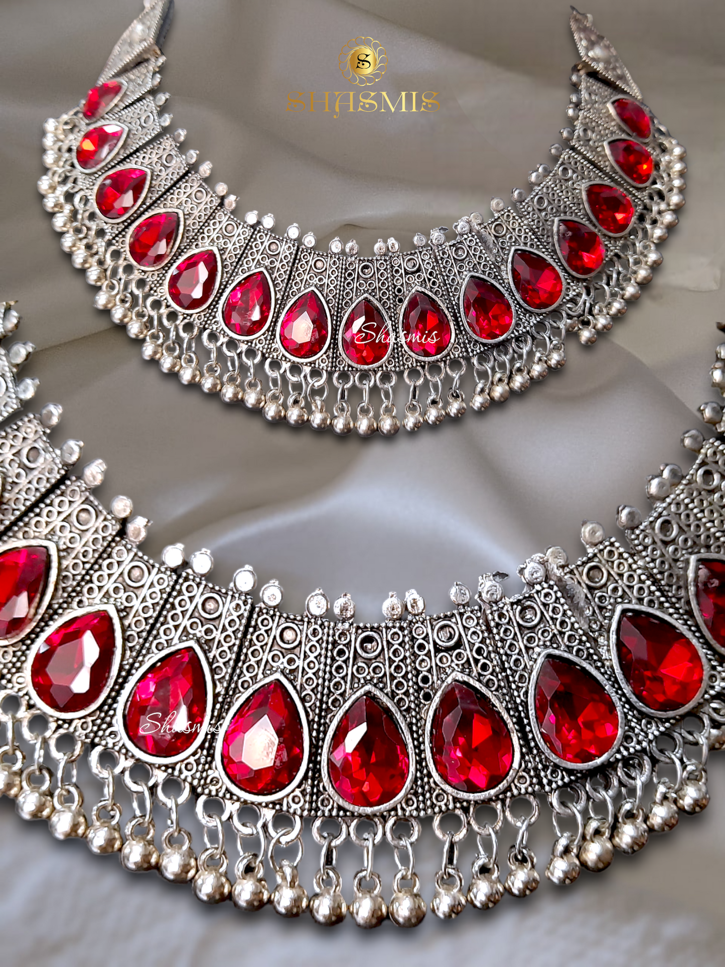 Red Stone Silver Oxidised Choker with Earrings