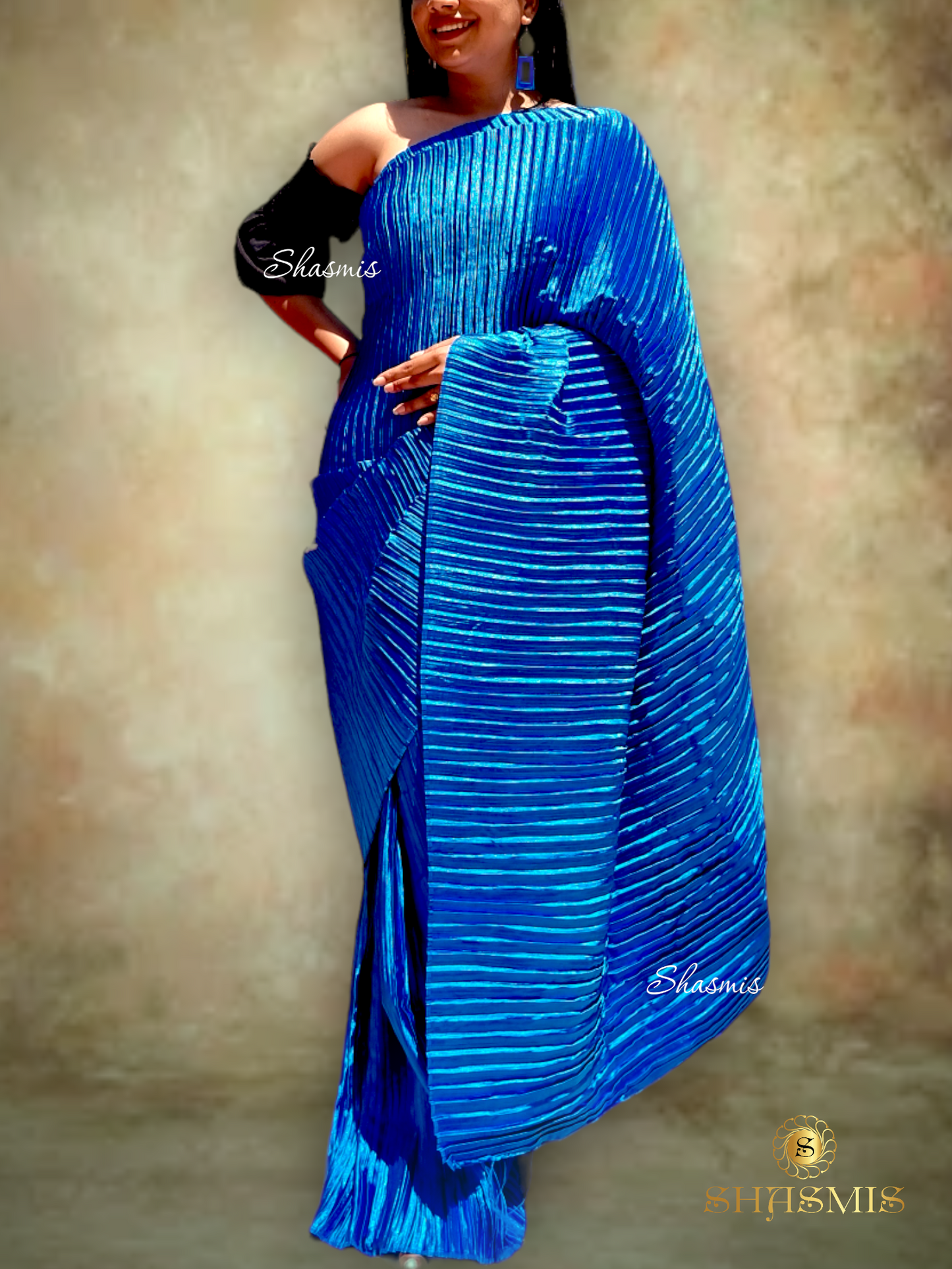 Blue Color Satin Creasing Saree