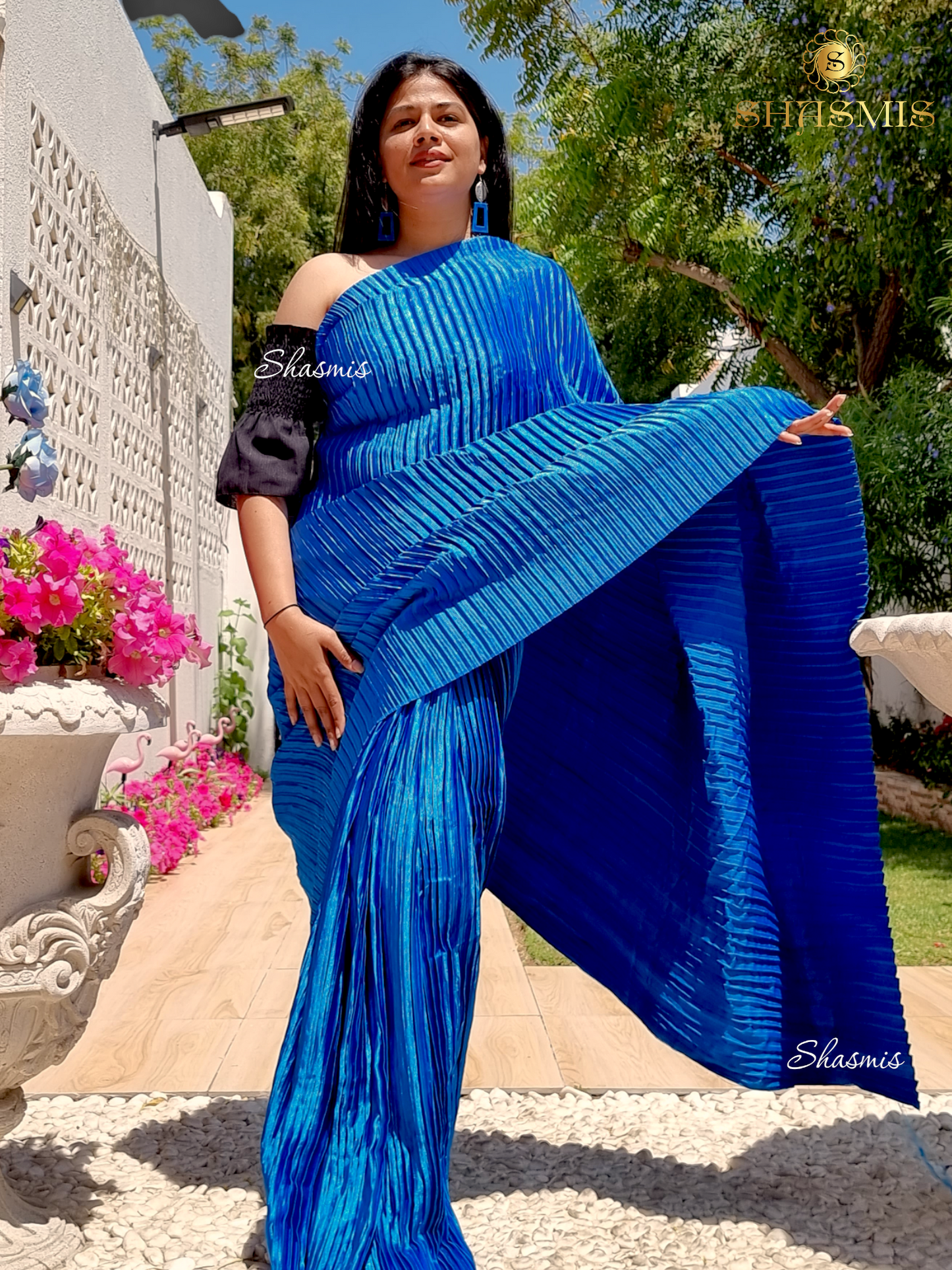 Blue Color Satin Creasing Saree