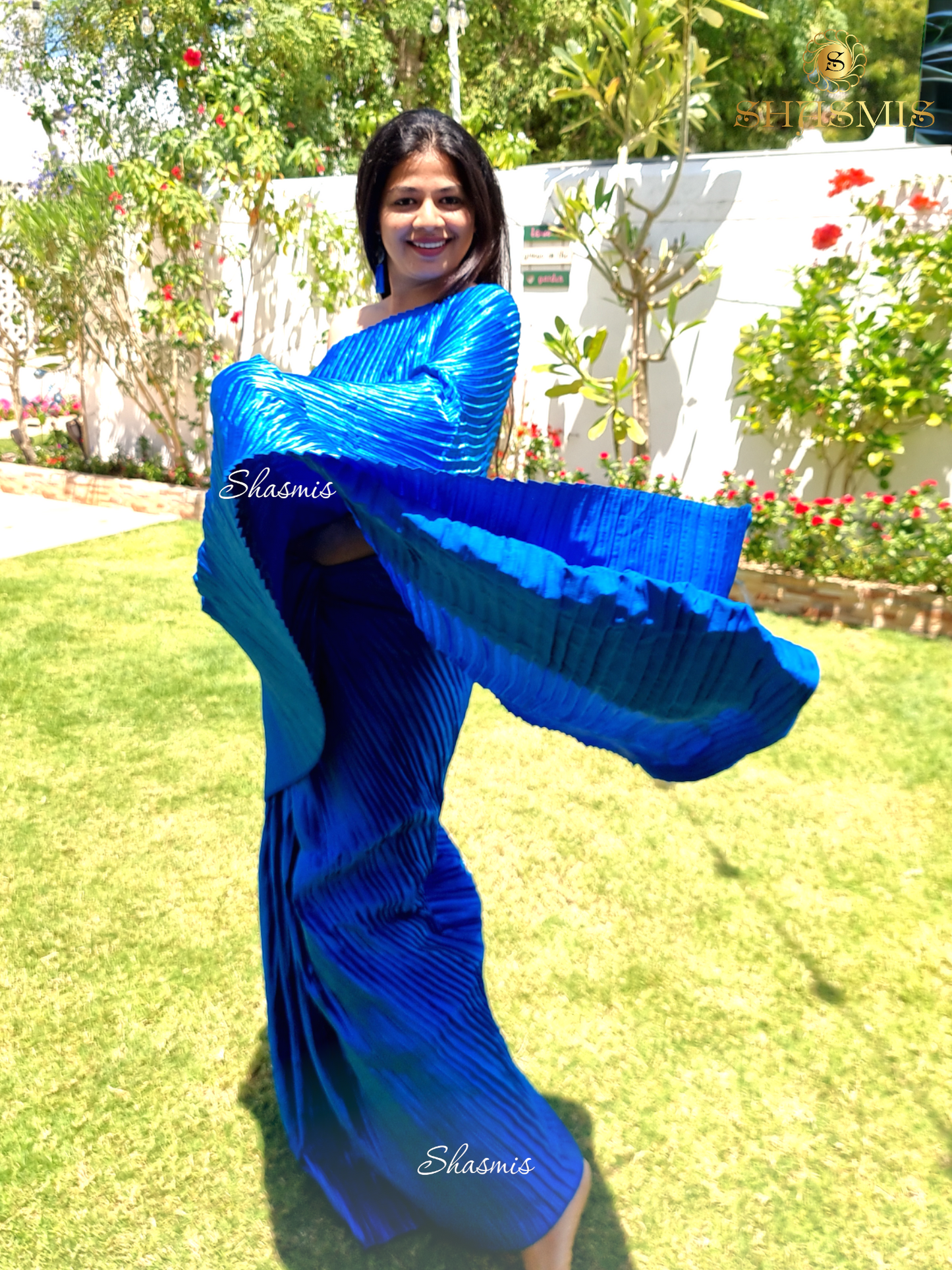 Blue Color Satin Creasing Saree