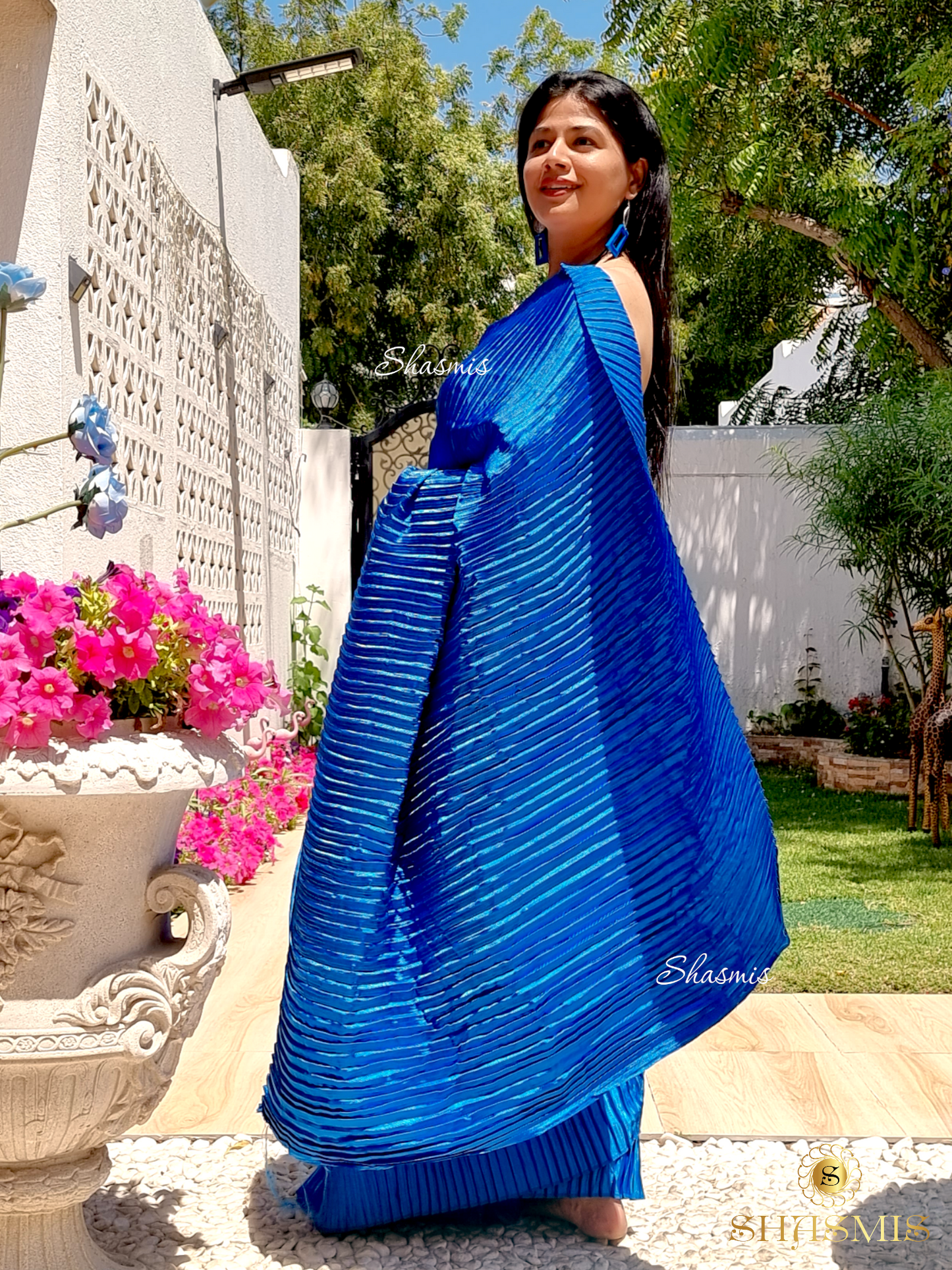 Blue Color Satin Creasing Saree