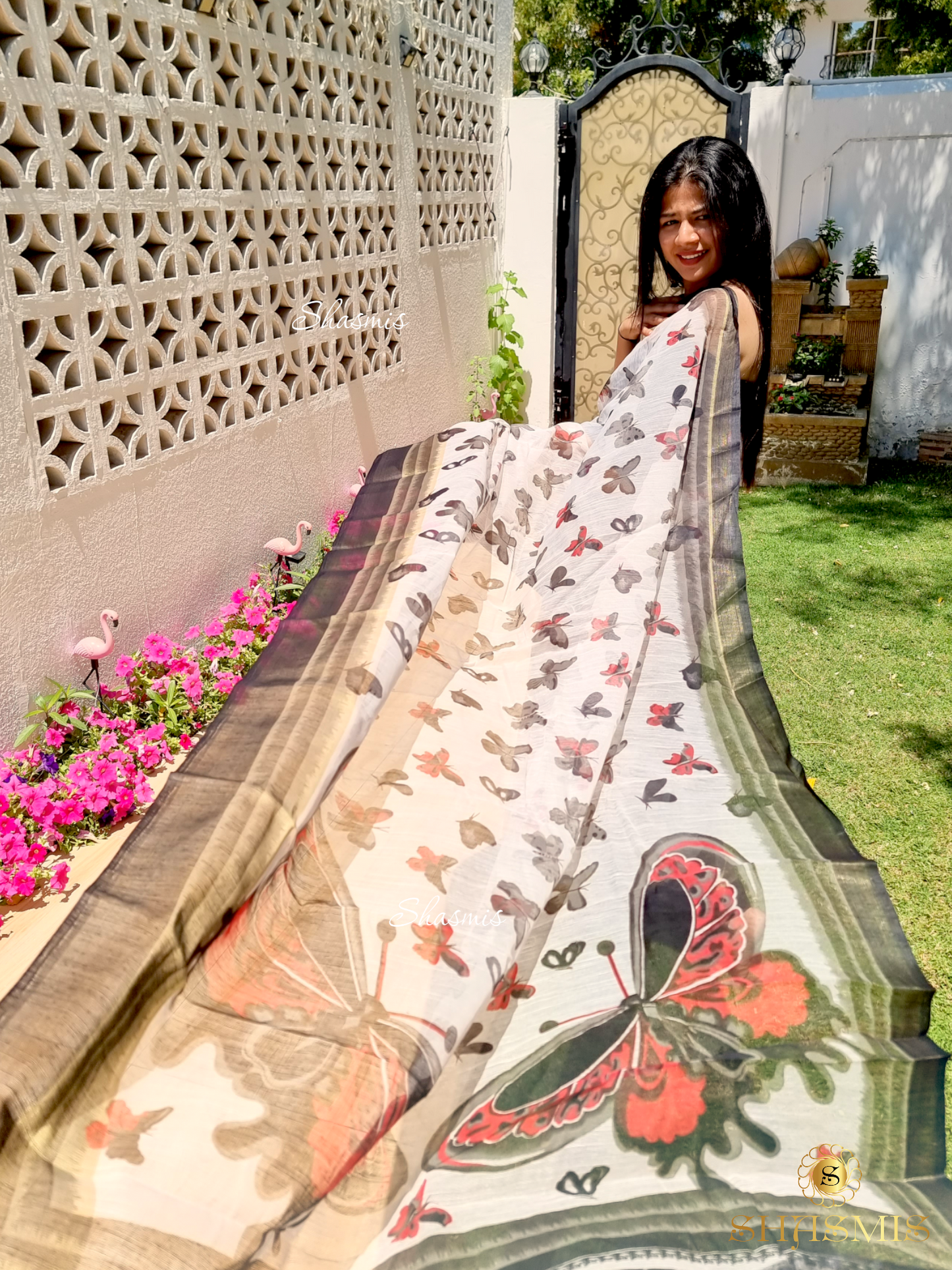 White Color Butter fly Design Cotton Saree