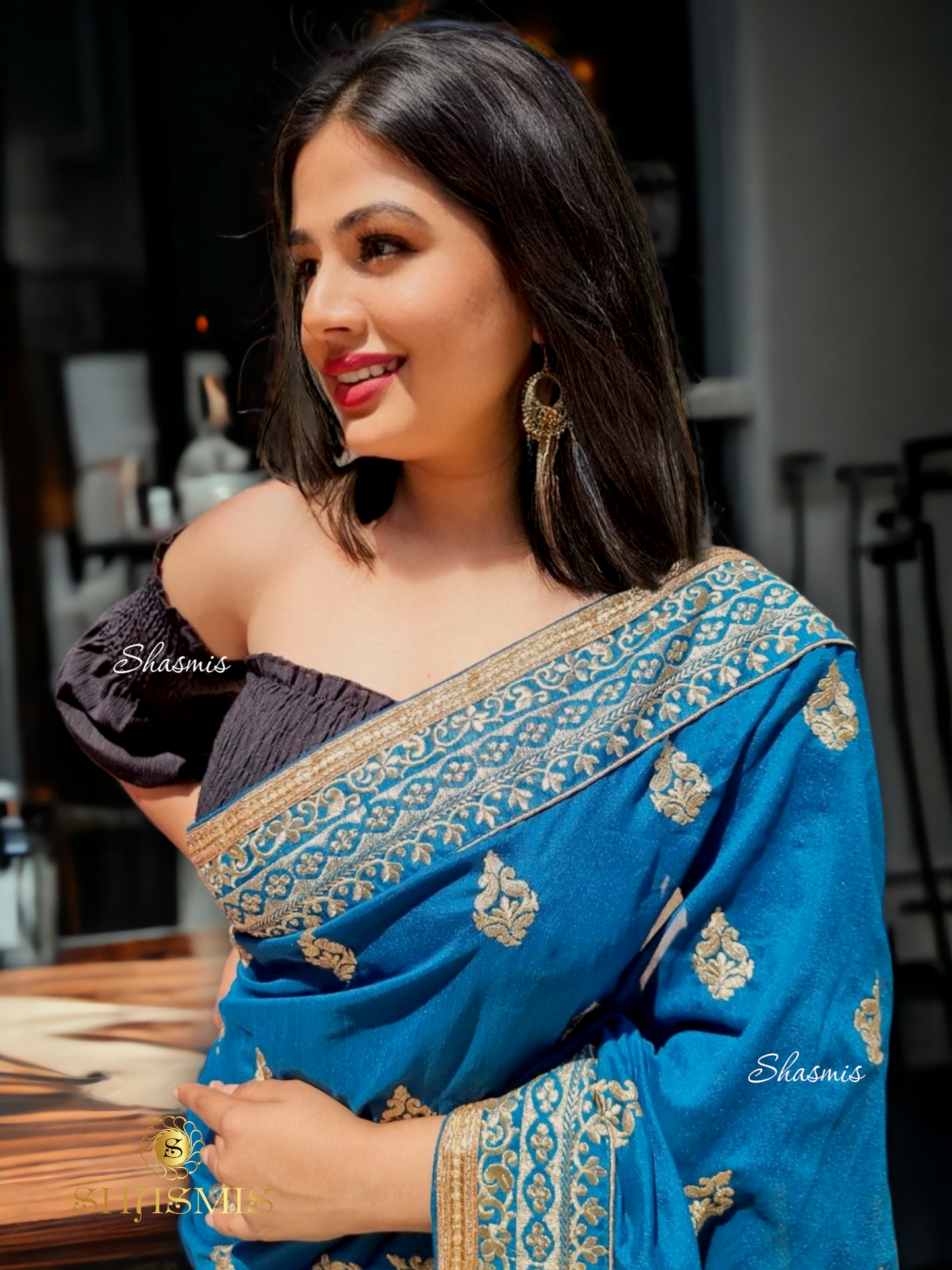 Rama Blue and Beige Color Zari Work Georgette Saree