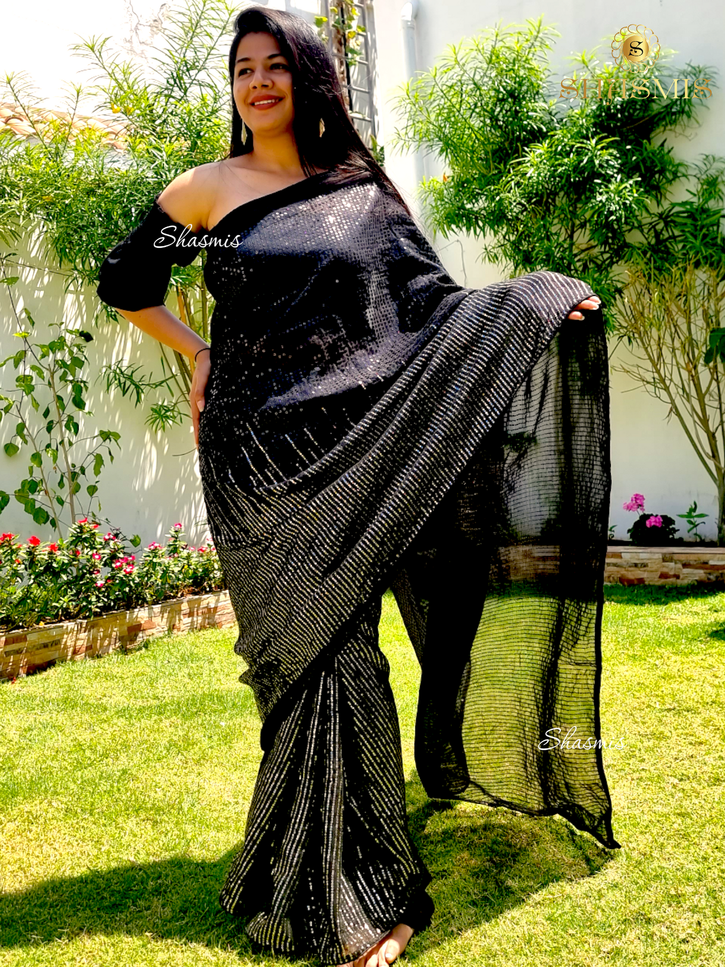 Golden And Black Sequence Georgette Party Wear Saree