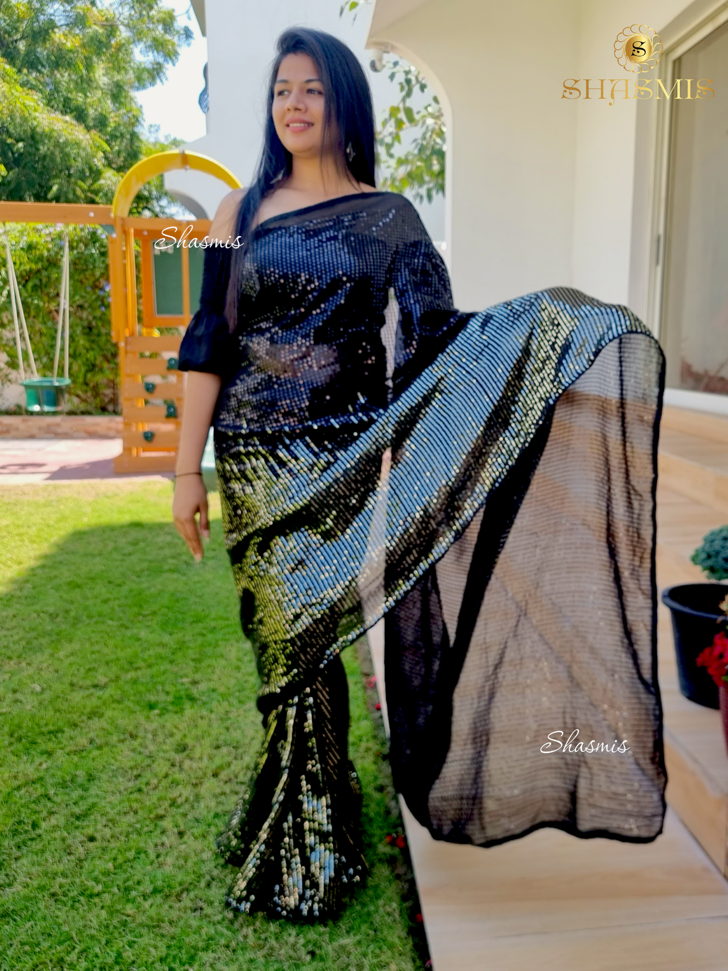 Golden And Black Sequence Georgette Party Wear Saree