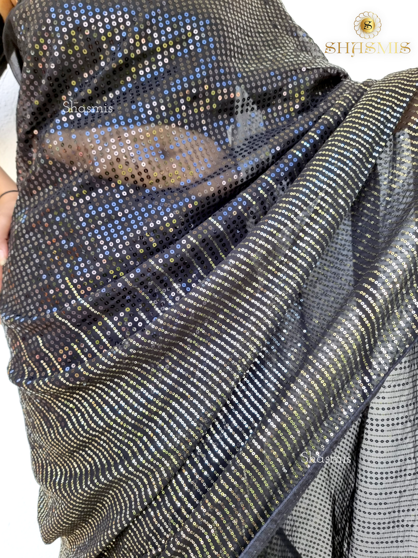 Golden And Black Sequence Georgette Party Wear Saree