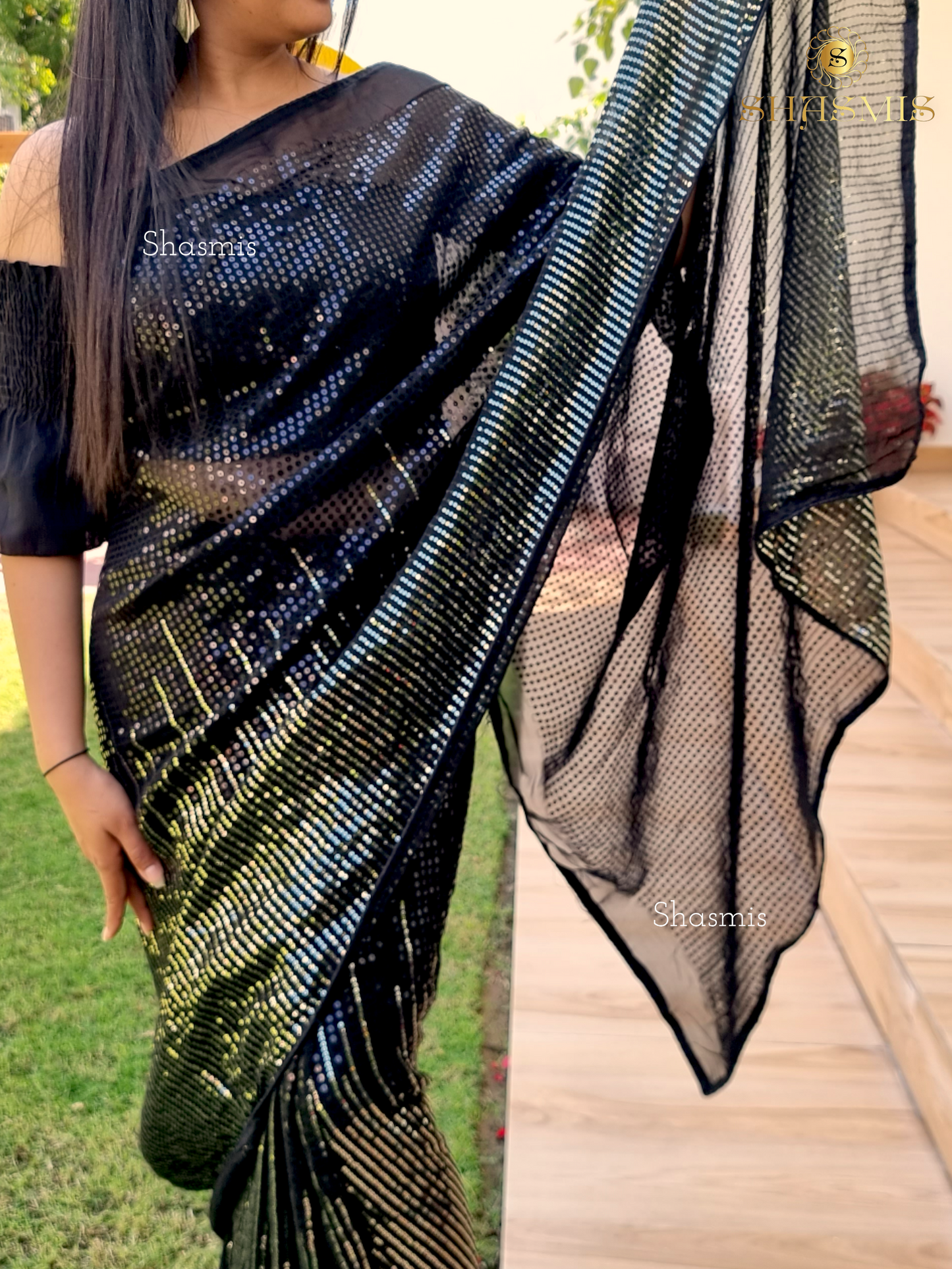 Golden And Black Sequence Georgette Party Wear Saree