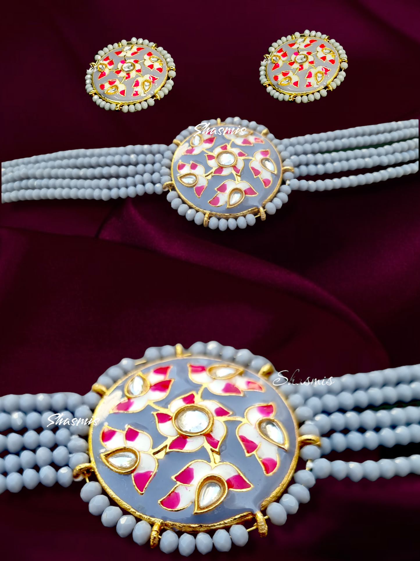 Black And Pink Kundan Work Design Choker With Earrings