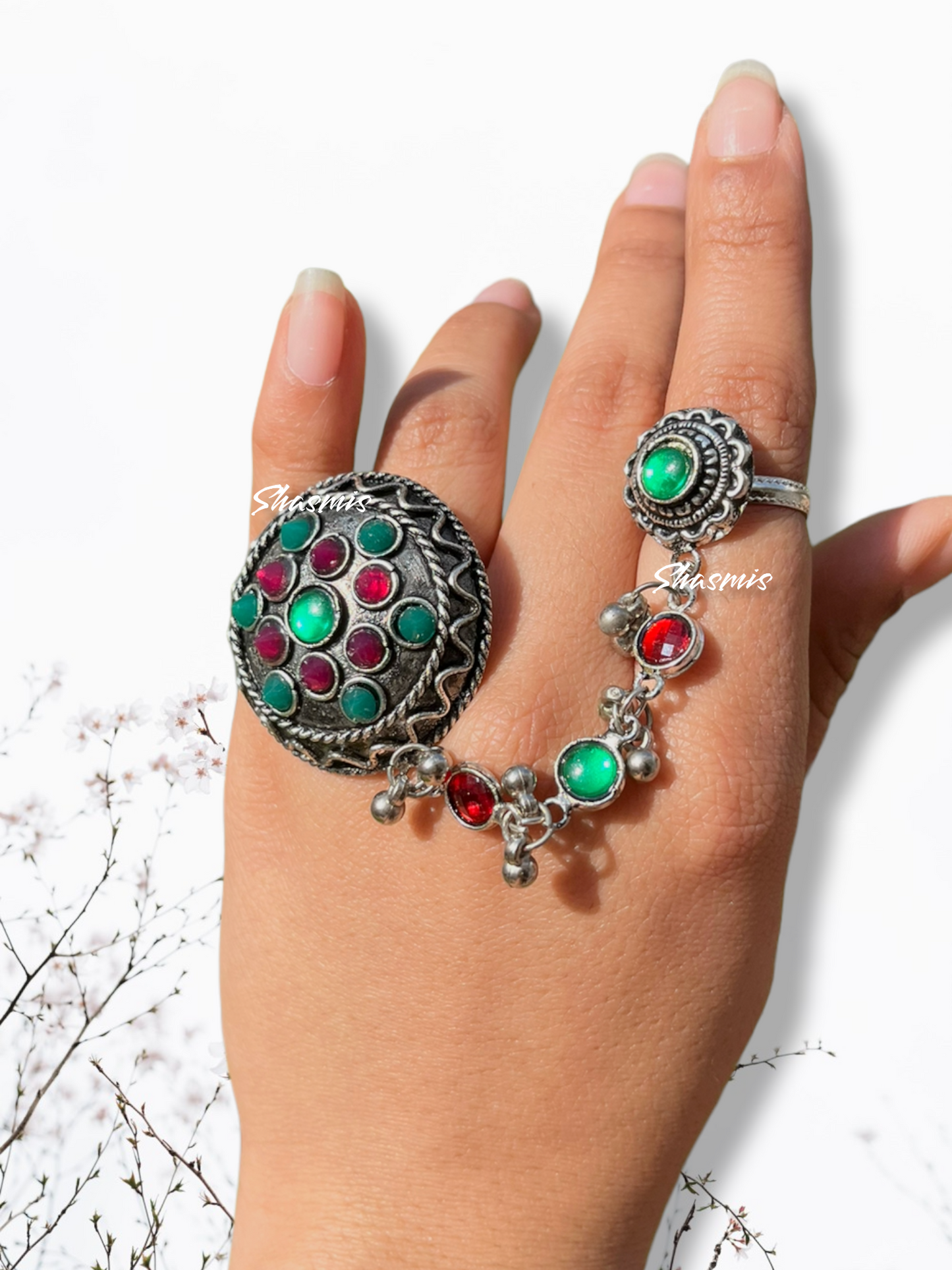 Red and Green Stones Afghani Ring
