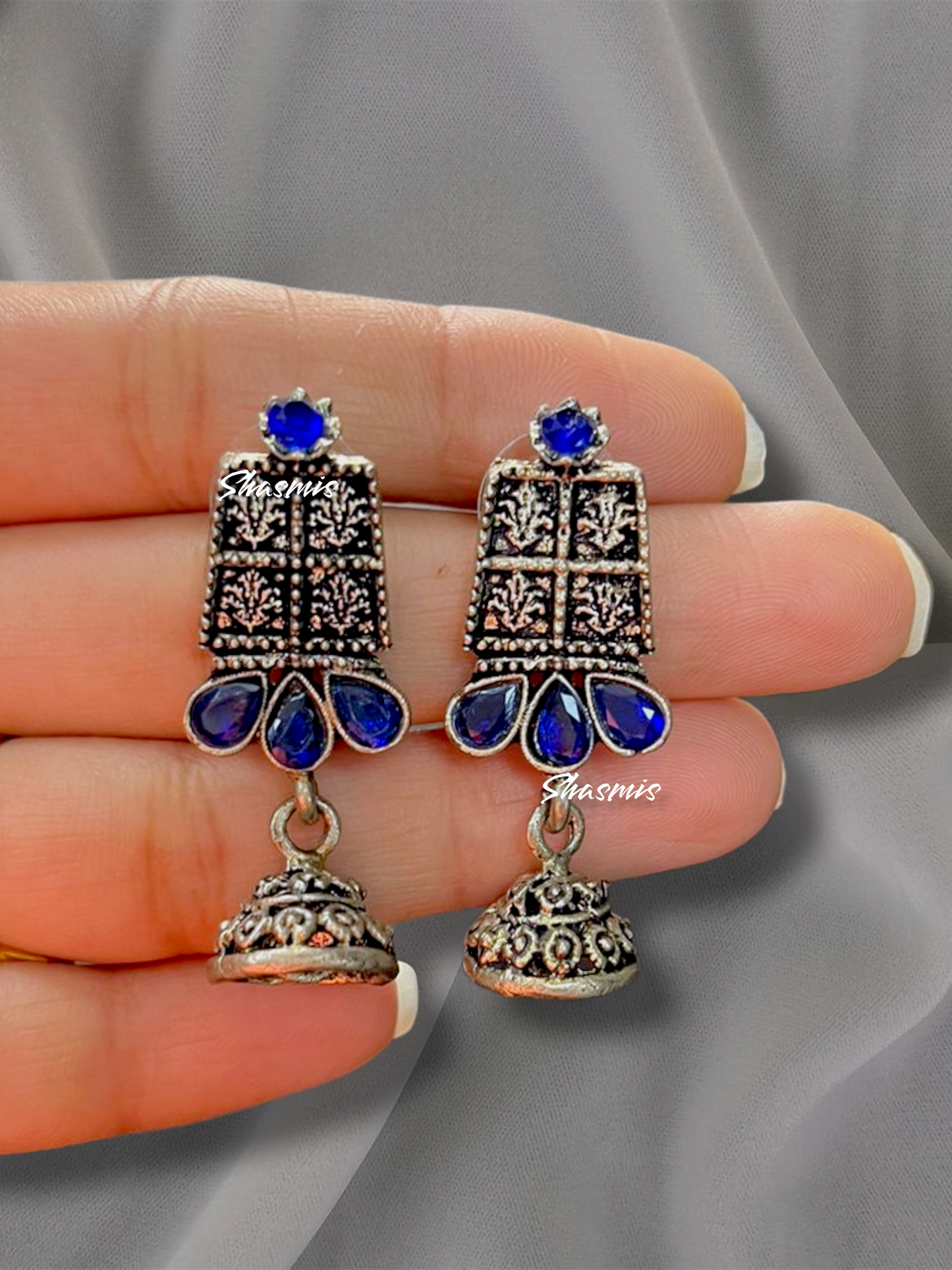 Blue Stone Silver Necklace With Ghungroo on Drop With Earrings