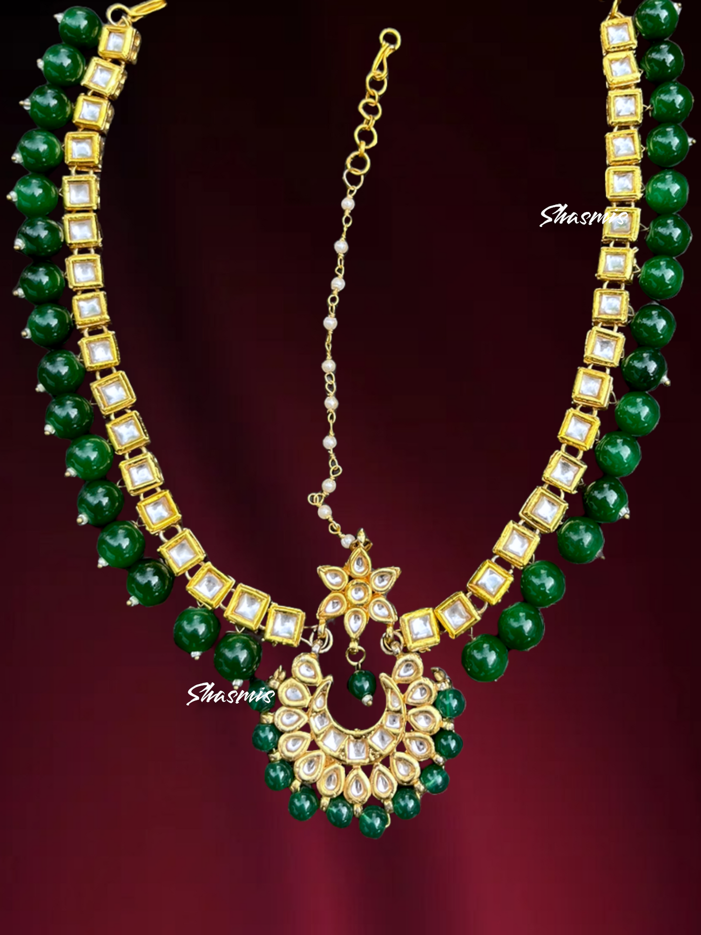 Green Beads Kundan Stone Mathapatti, Back side Meenakari