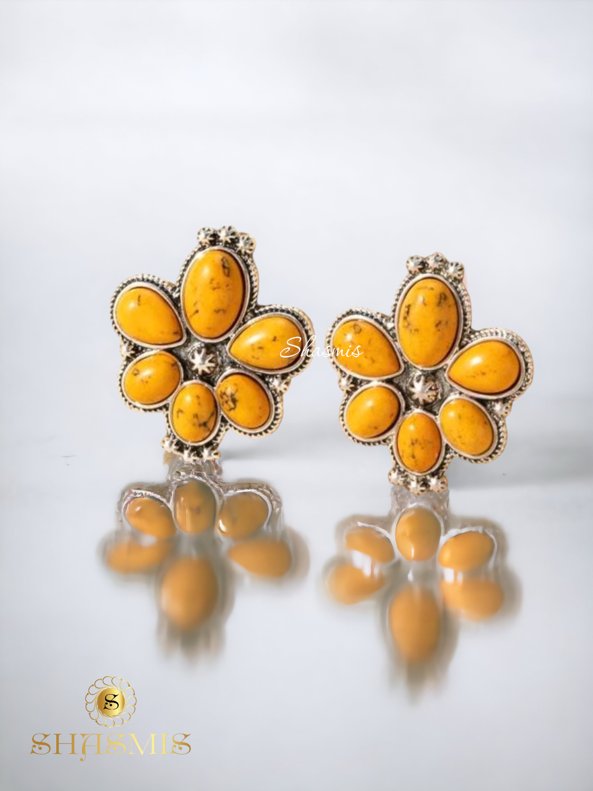 Mustard Color Stone Silver Earrings