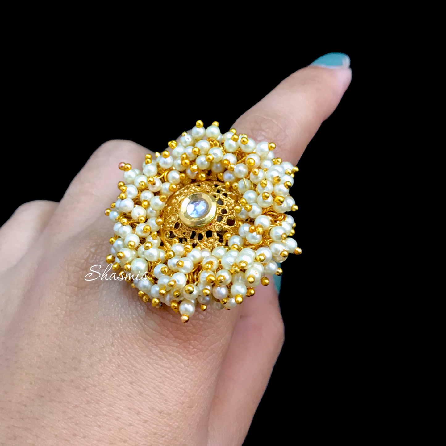 Kundan Pearl With Centre Stone Ring