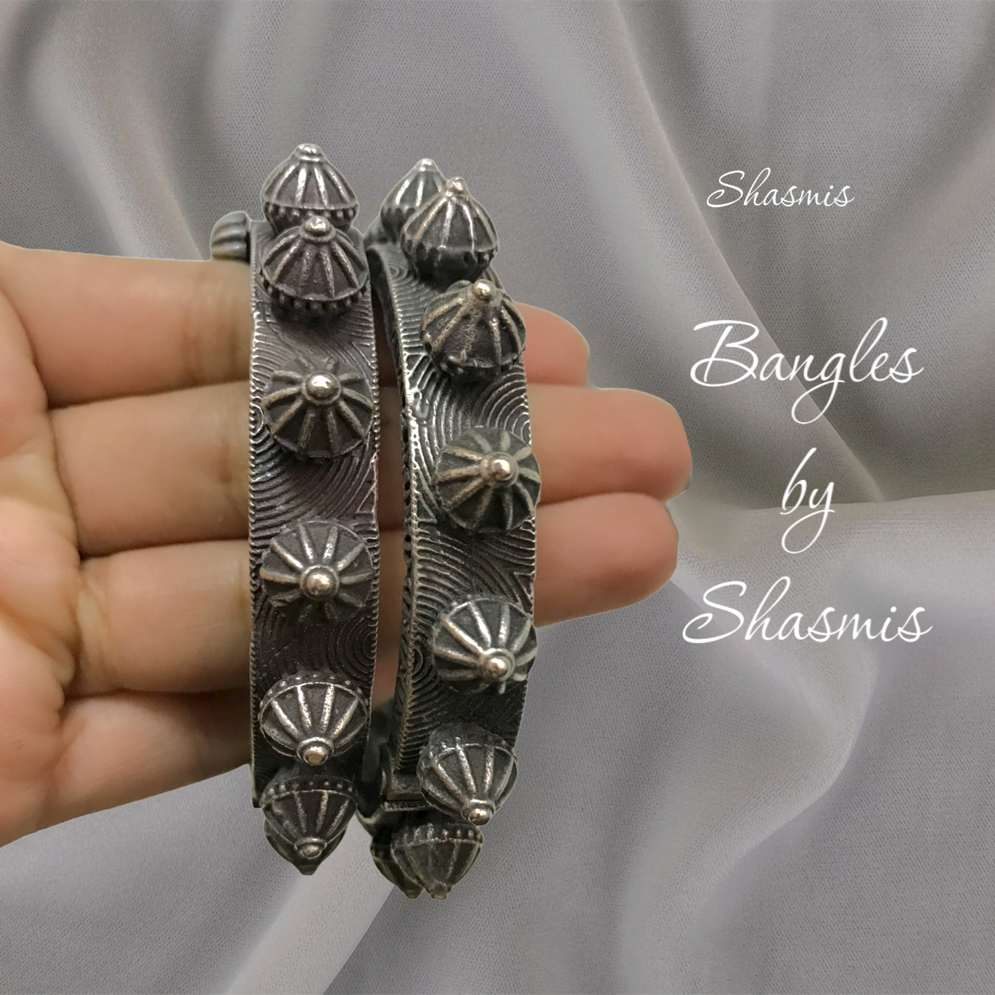 Traditional Design Silver Oxidised Bangle, Single