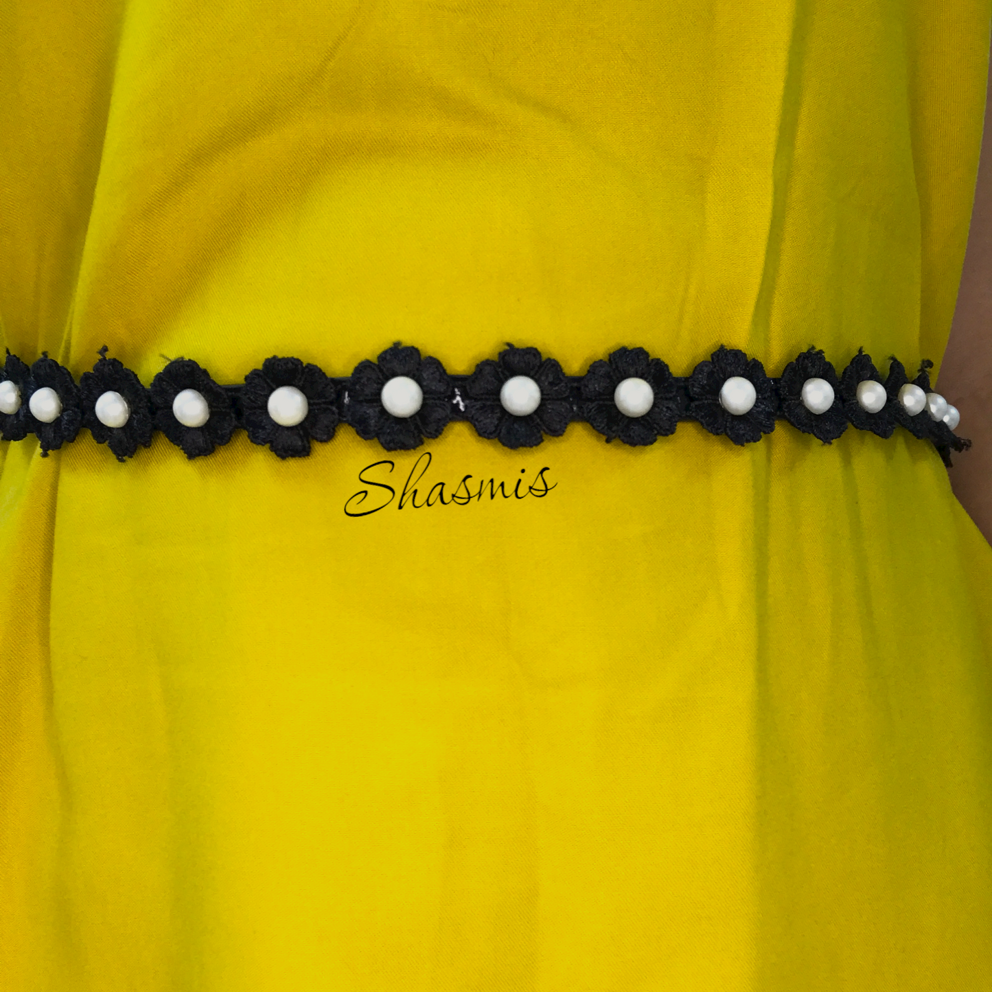 Flower Black Belt With Water Pearl