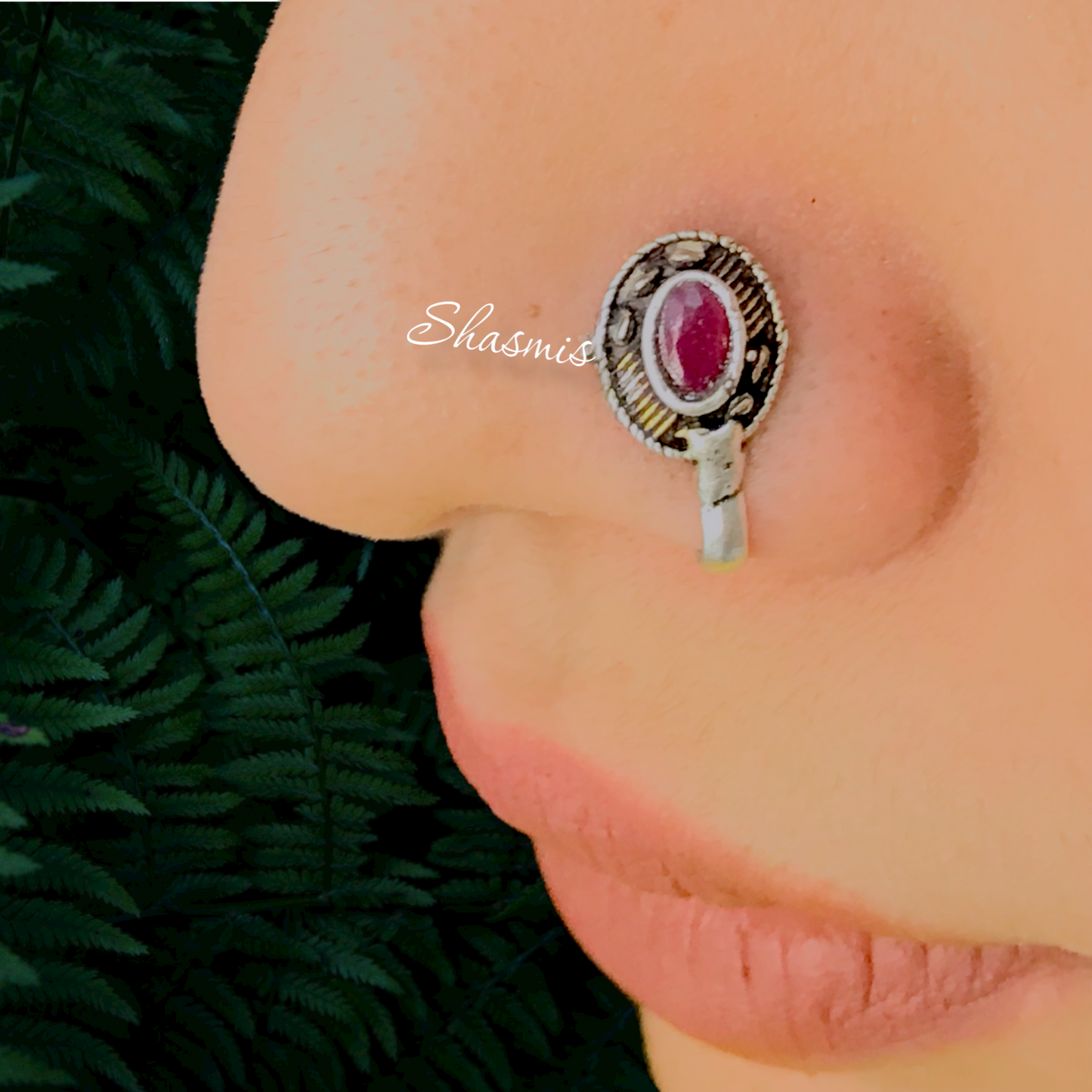 Ruby Oval Silver Non-Pierced Nose Pin