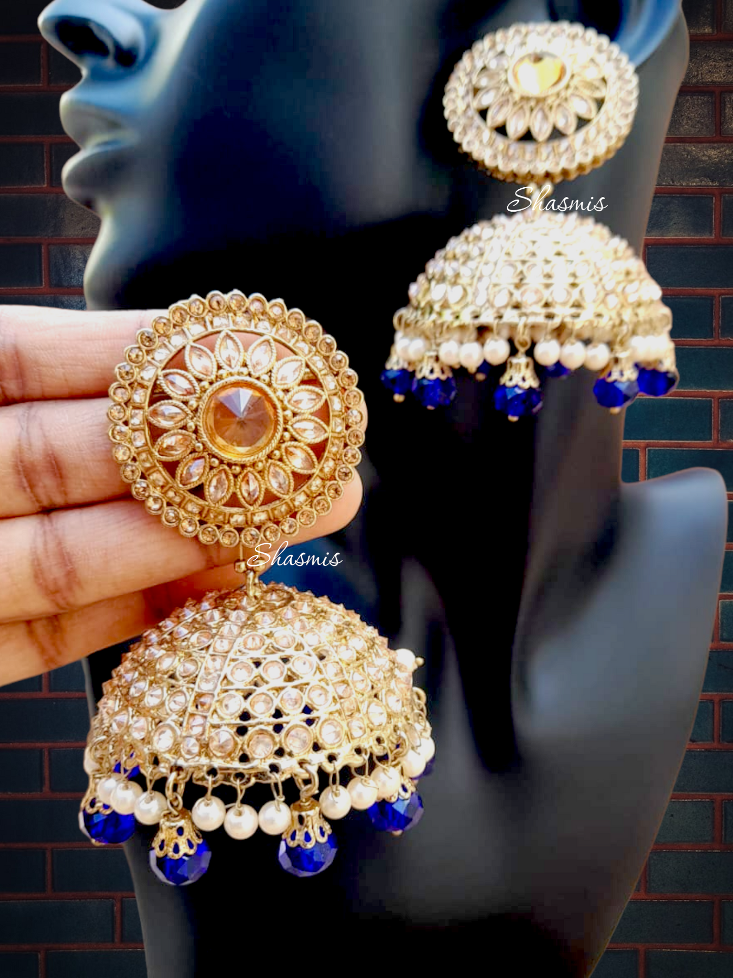 Blue Color Drop Pearls Champaign Stone Jhumka Earrings