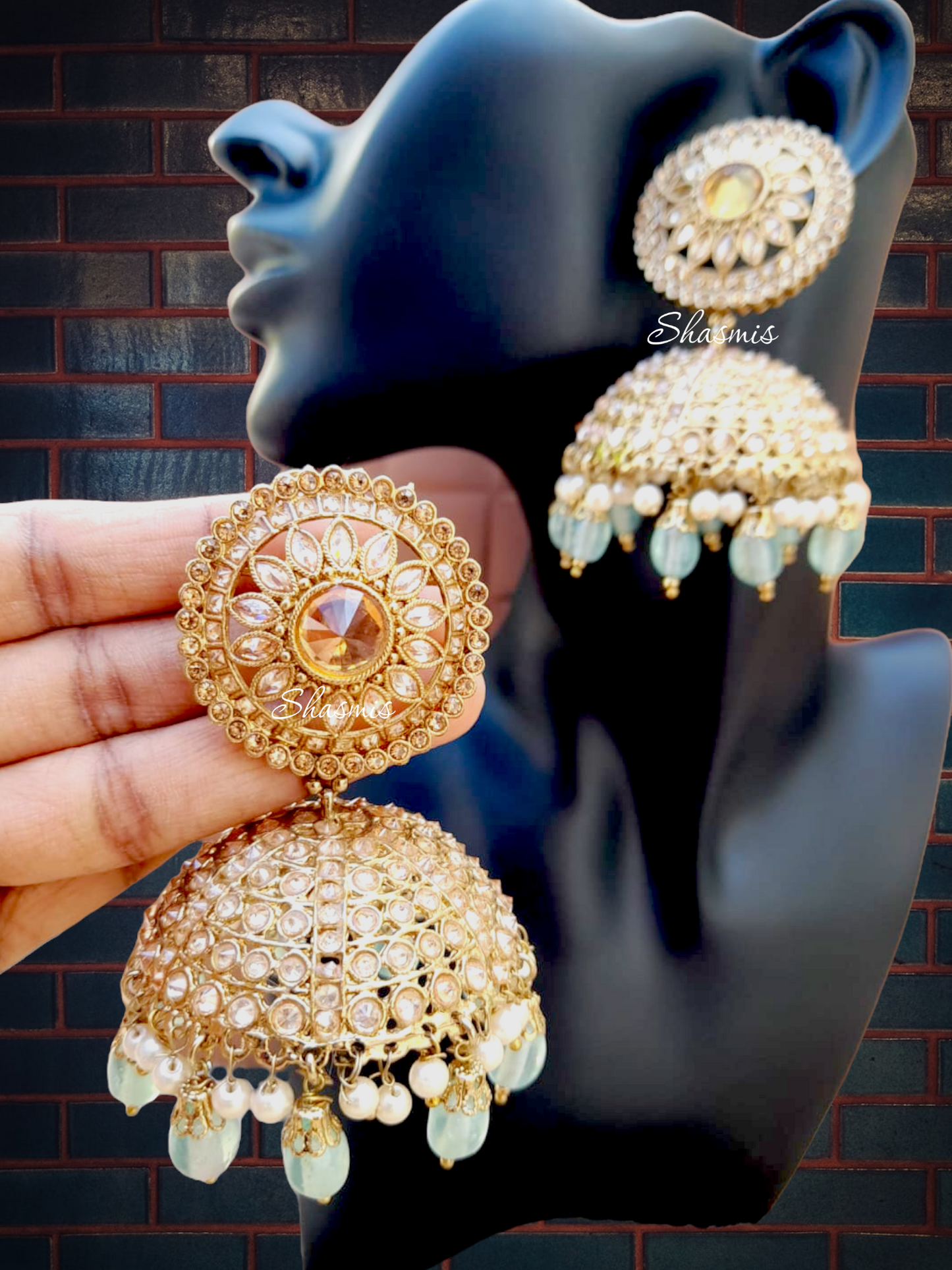 Champaign Stone Huge Sea Green Color Jhumka Earrings and Mangtika