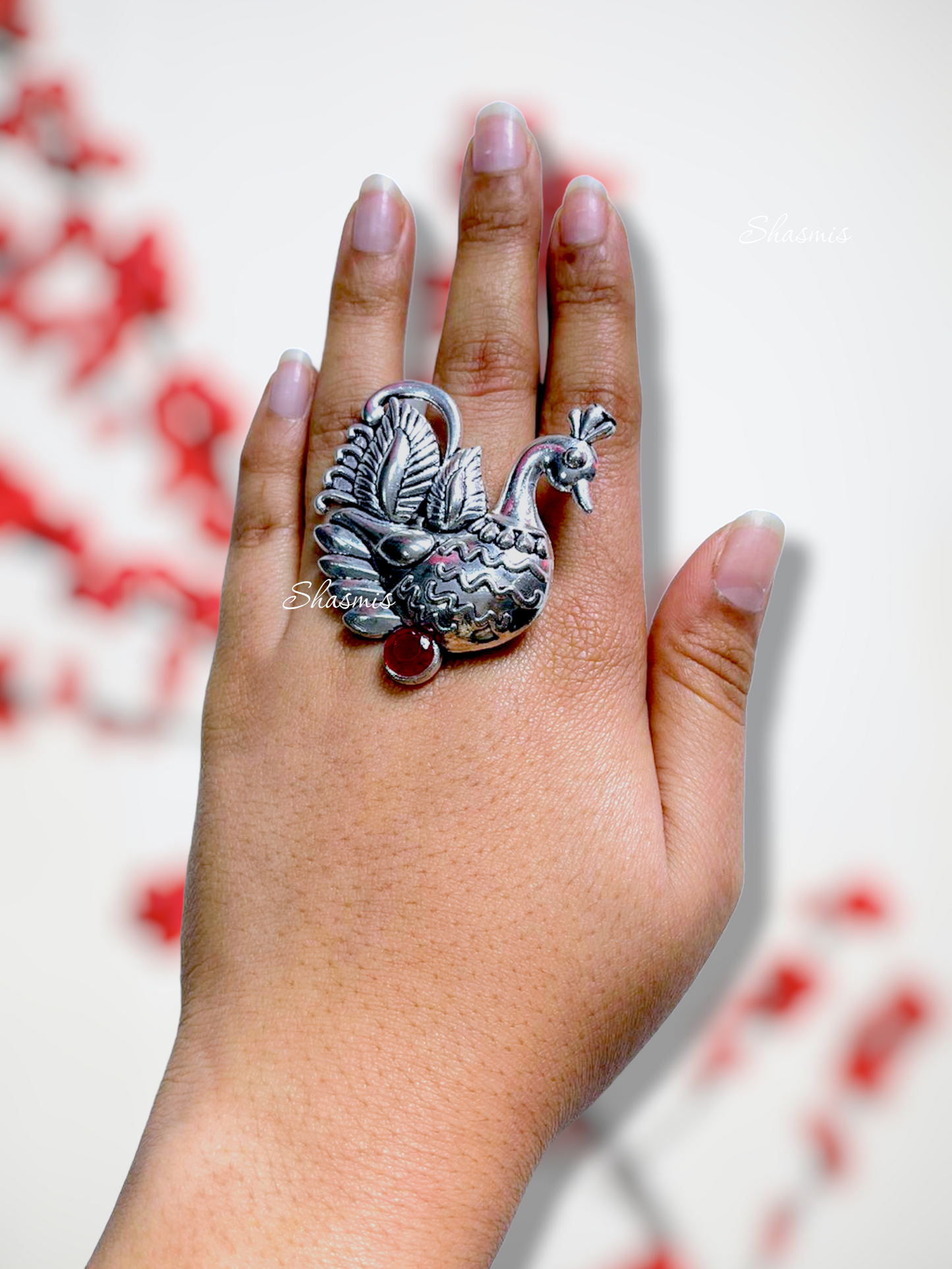 Ruby Stone Peacock Design Silver Ring