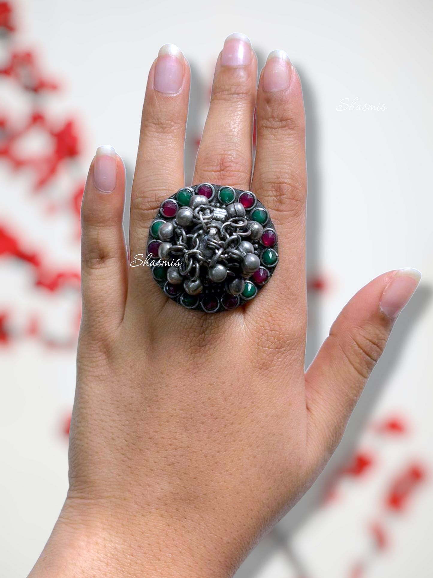 Red and Green Stone German Silver Ghungroo Ring