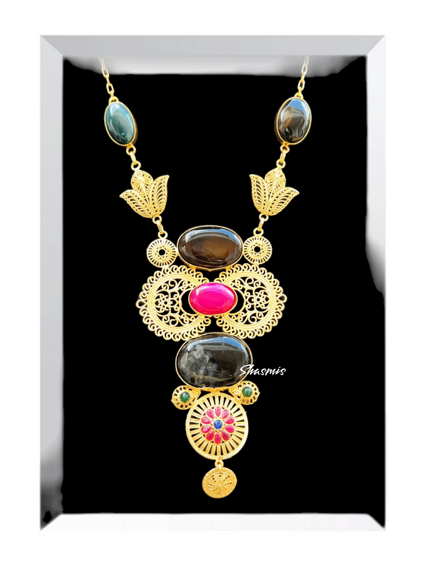 Black and Pink Druzy Stone Gold Plated Long Necklace