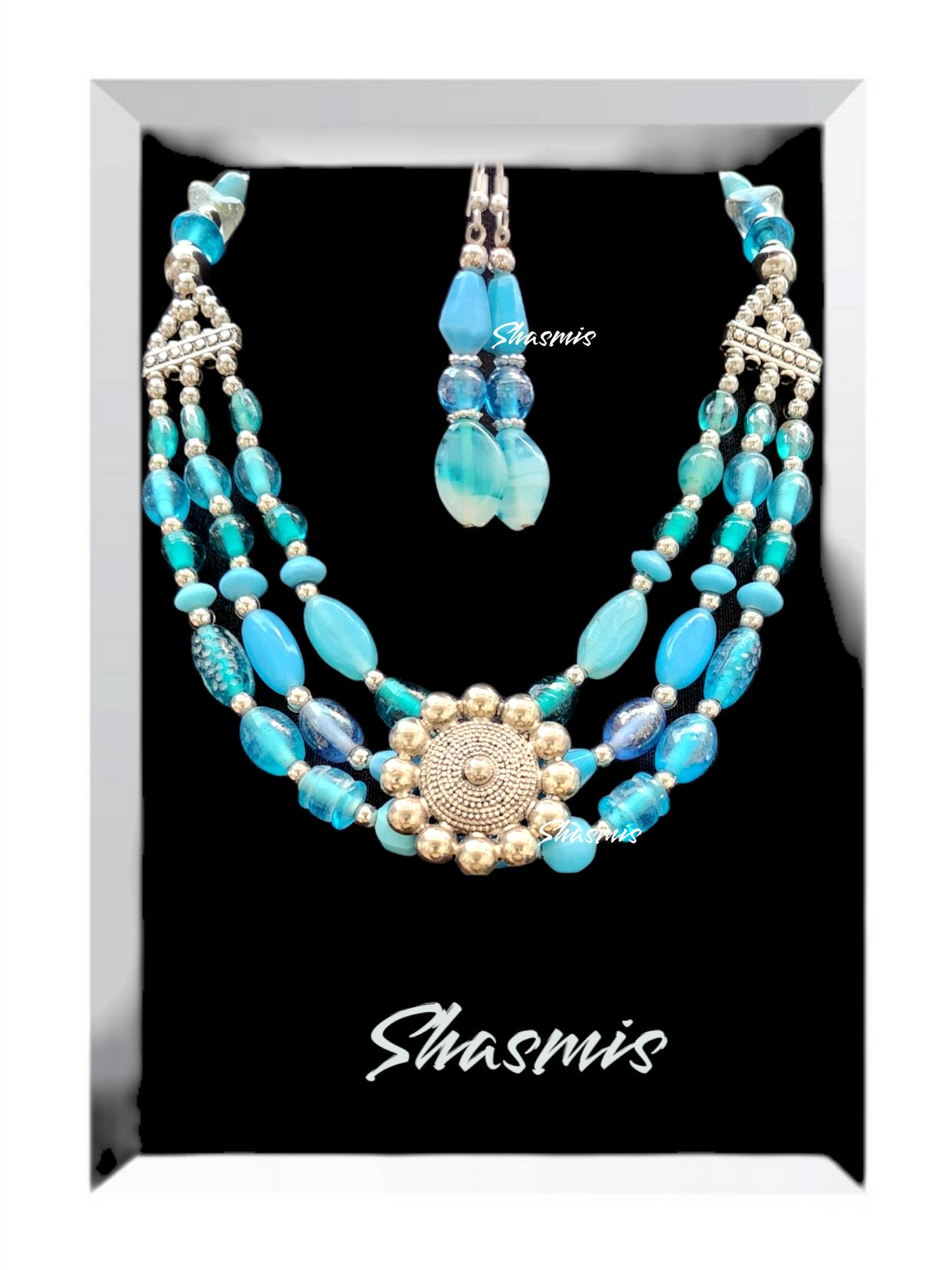 Blue Color Layer Beads With Silver Pendent Boho Fashion Necklace