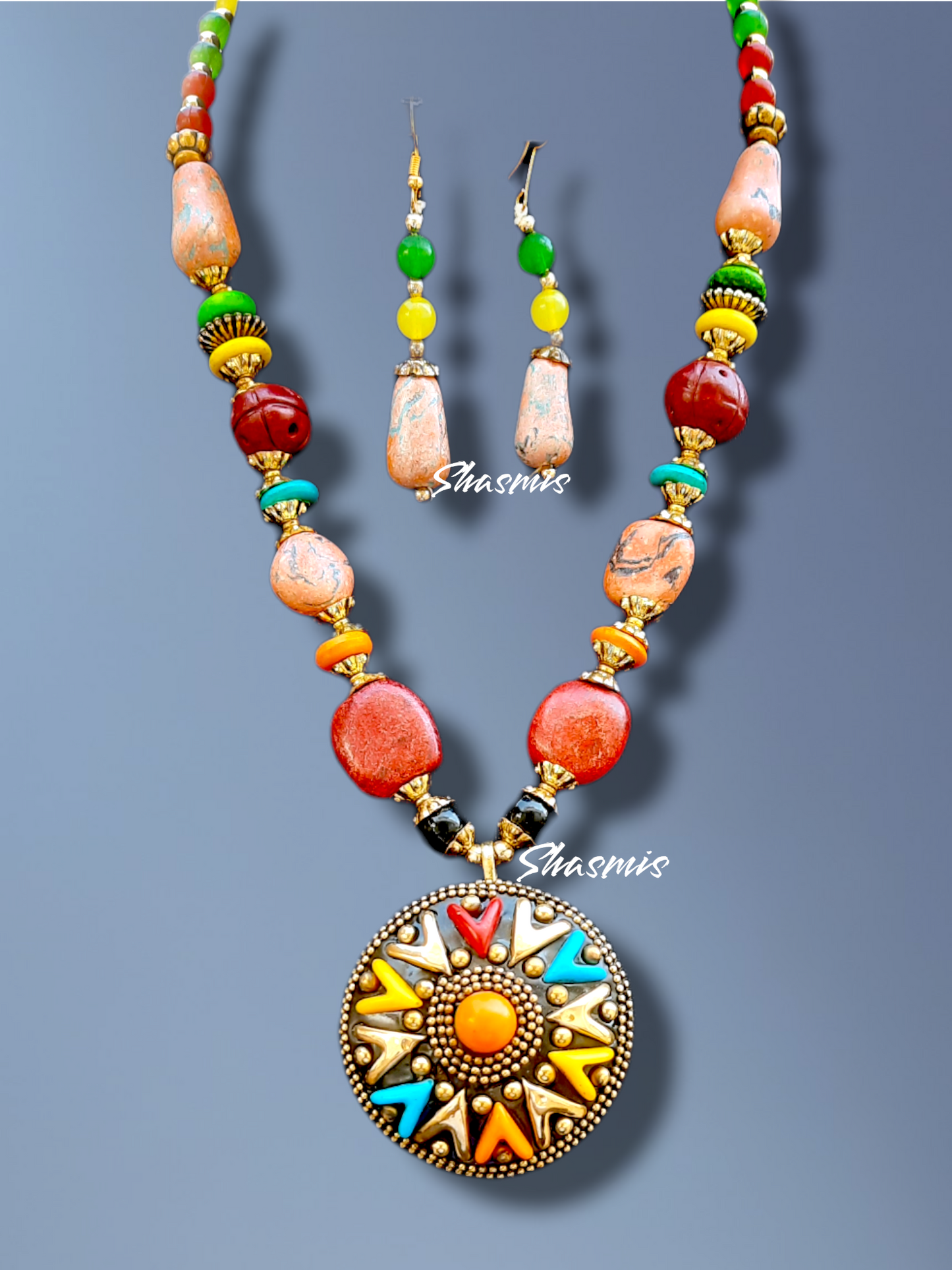 Multi Color Beads With Orange Centre Stone