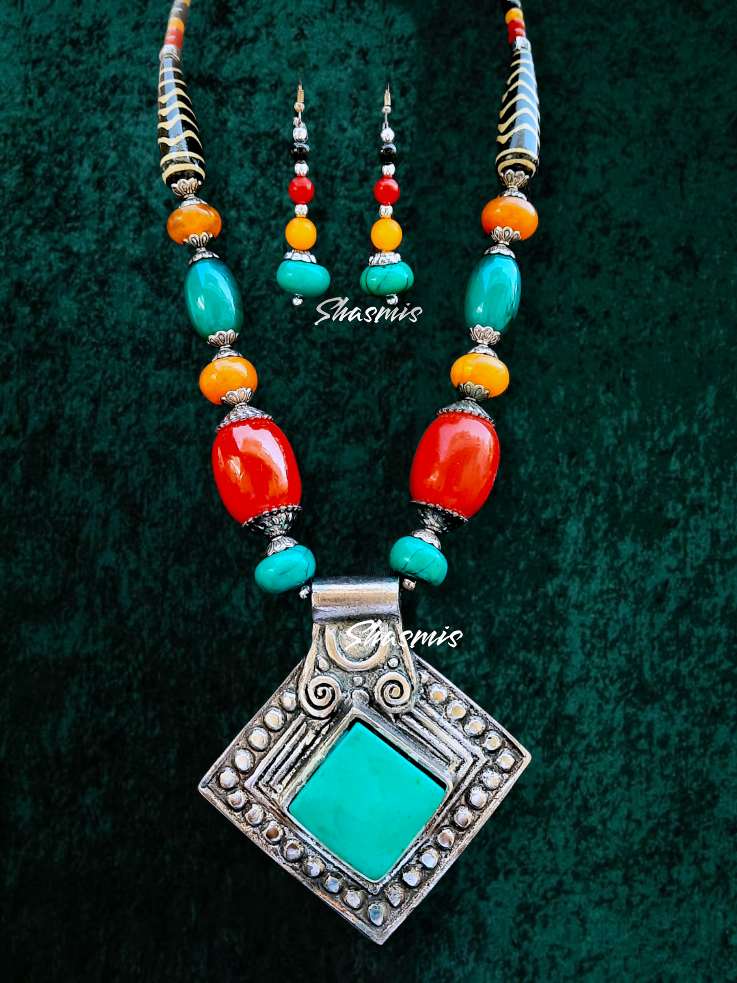 Turquoise Stone On Centre Pendent Silver Long Necklace