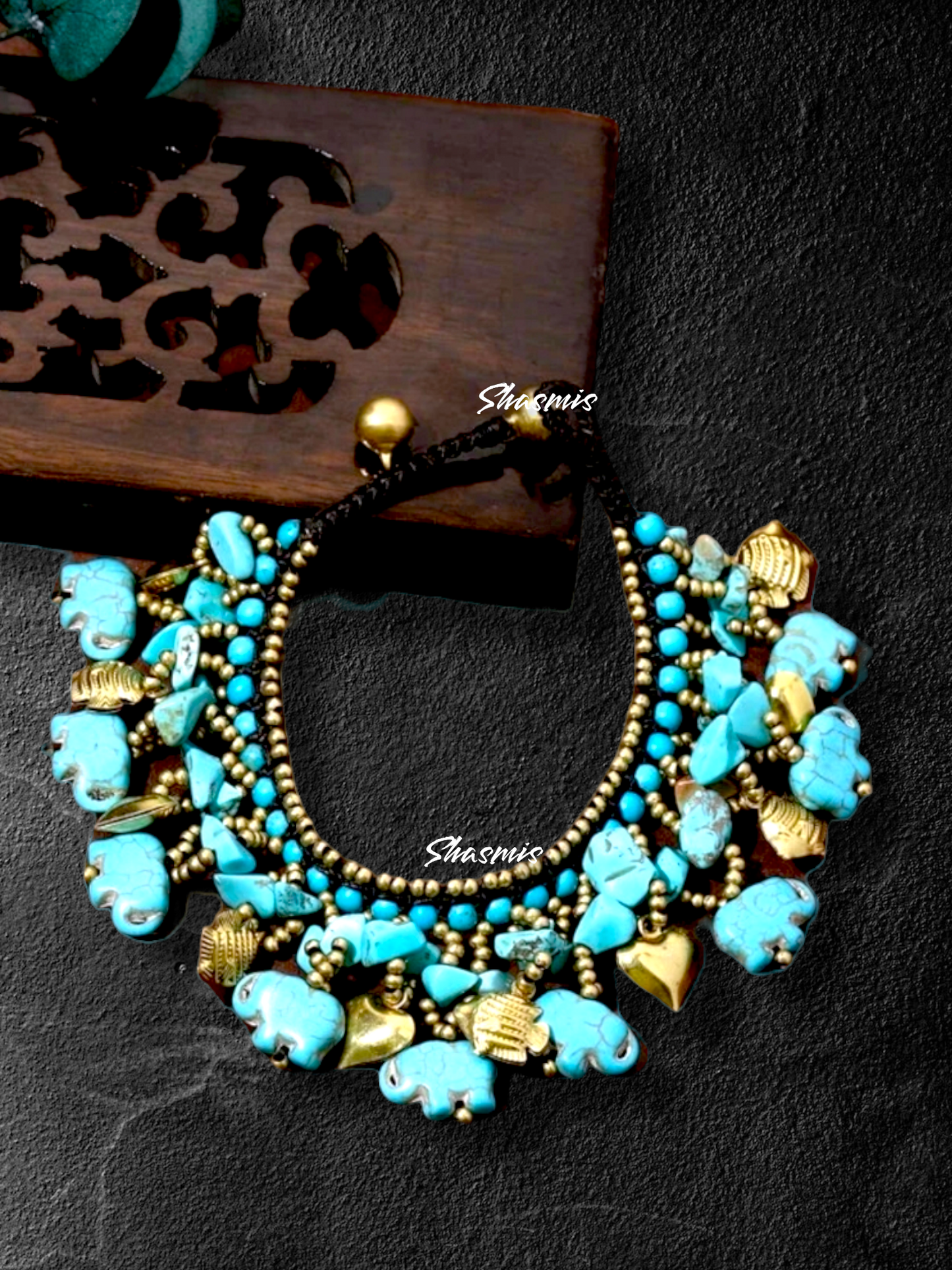 Turquoise Elephant Shape Beads With Golden Heart Charms Bracelets