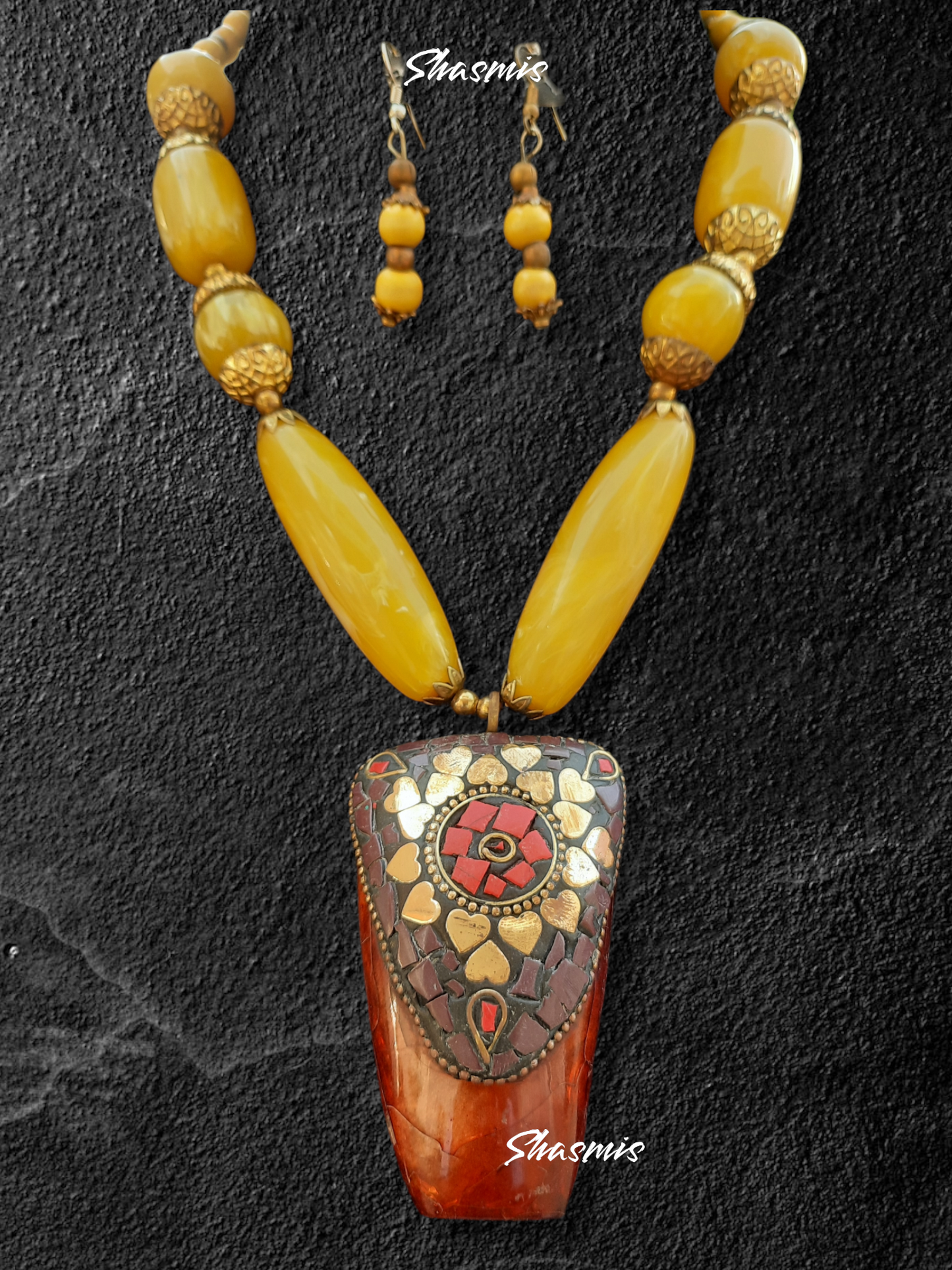 Mustard Color Stone With Brown Color Pendent Necklace