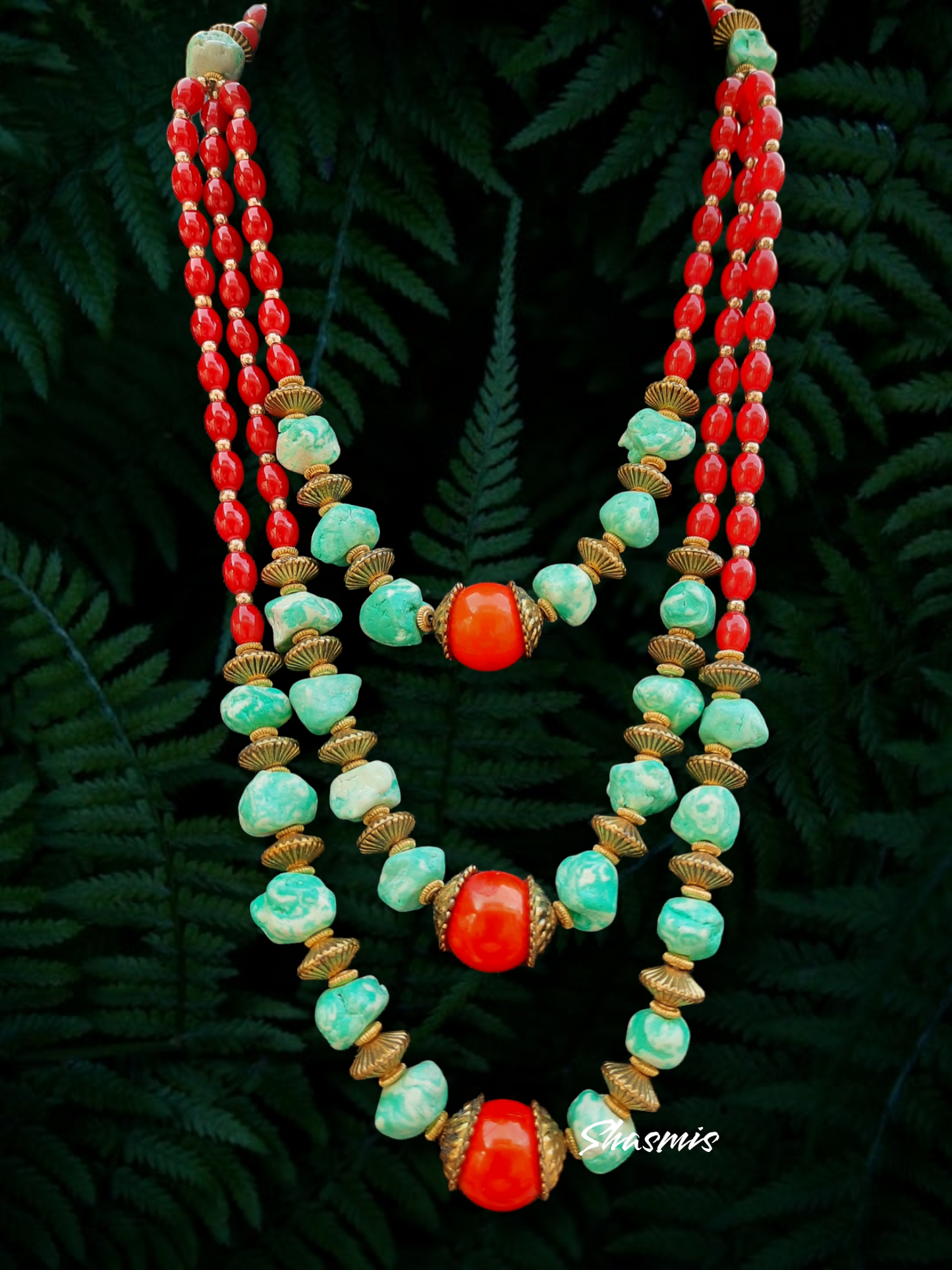 Long Layer Red And Turquoise Boho Necklace