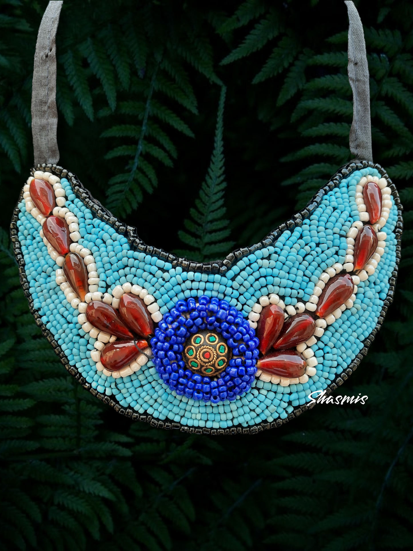 Blue Beads With Maroon Stone Statement Necklace