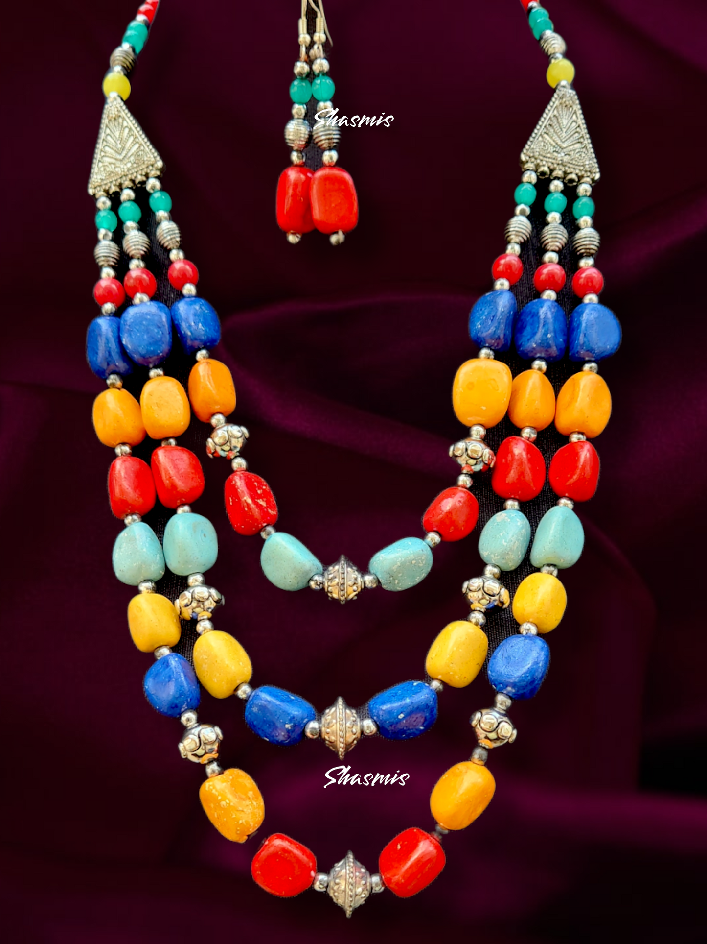 Multi Color Long Beads Necklace With Earrings