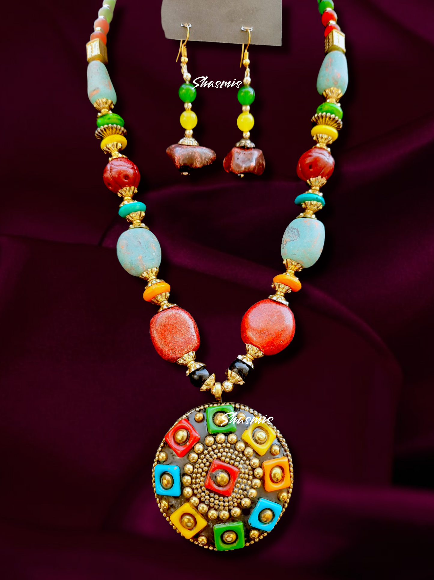 Long Multi Color Beads With Design Pendent Boho Necklace With Earrings