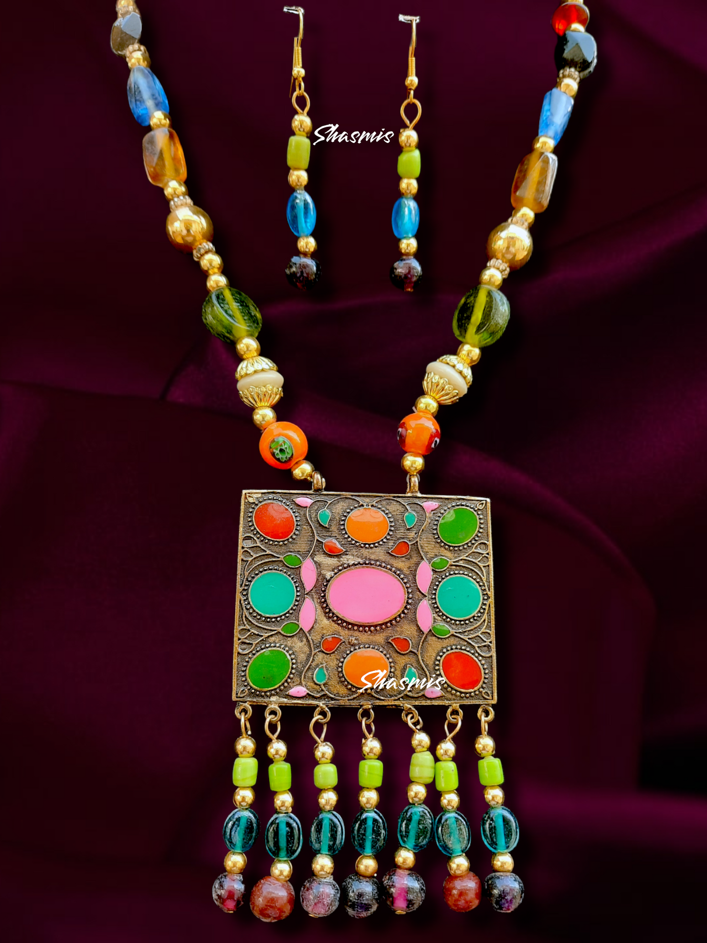 Long Multi Color Beads With Square Pendant Design Necklace And Earrings