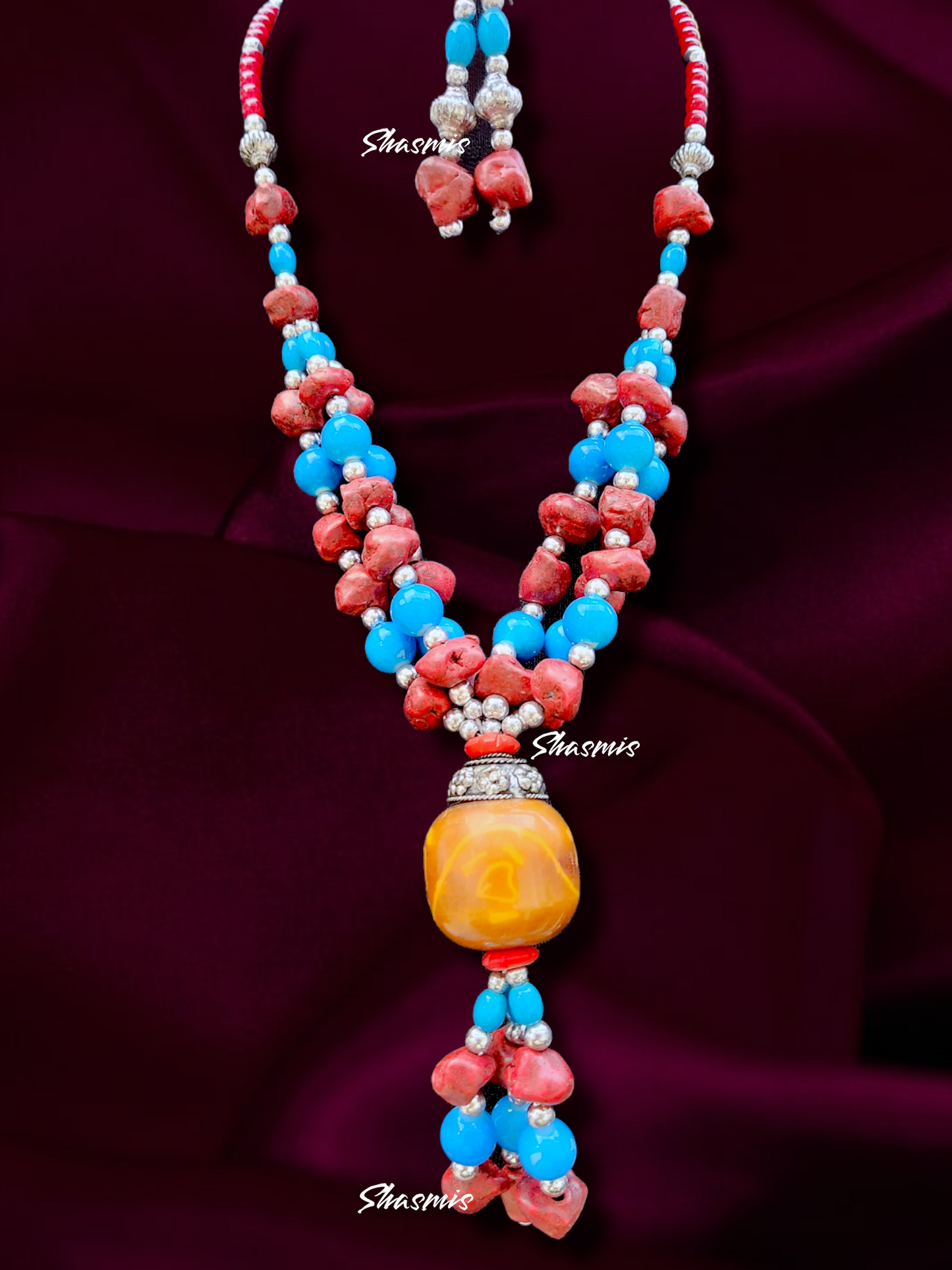 Red and Blue Color Beads Boho Fashion Necklace