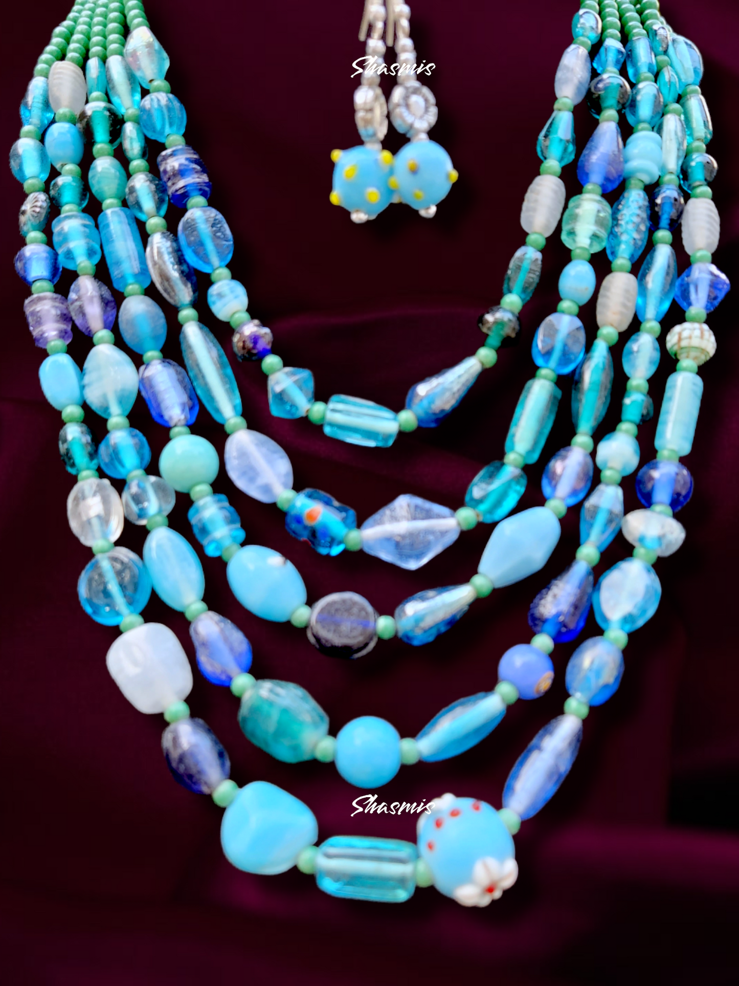 Long Blure Color Glass Beads With Different Shape Boho Necklace